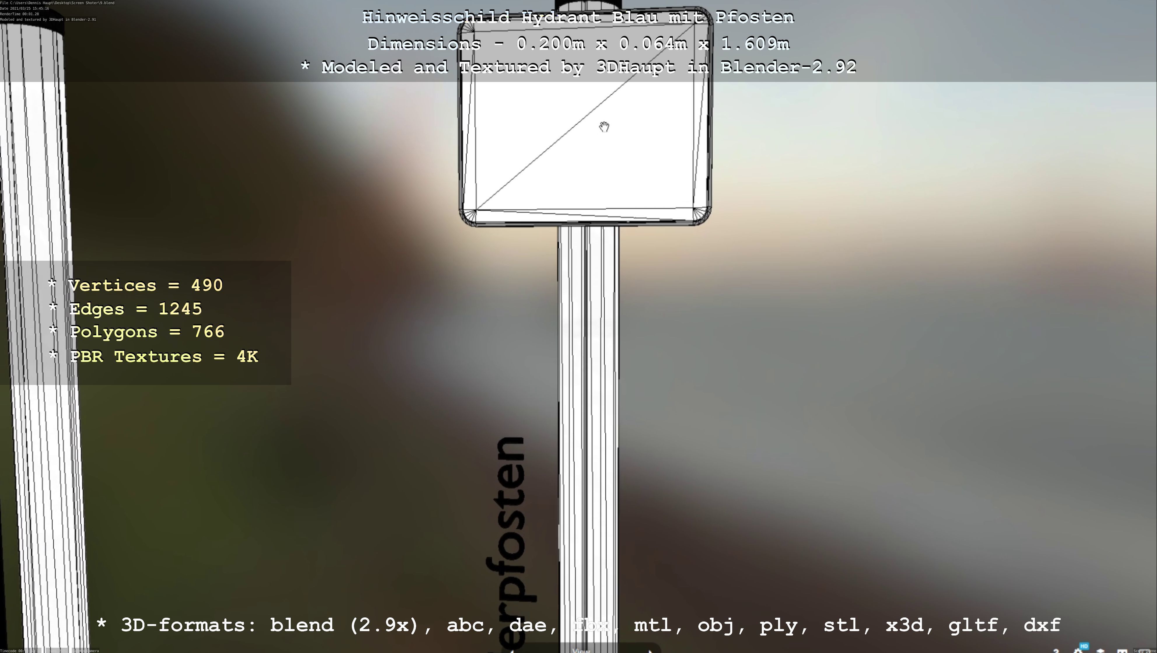 Hinweisschild Hydrant blau mit Pfosten und Rahmen Low-poly 3D model_76