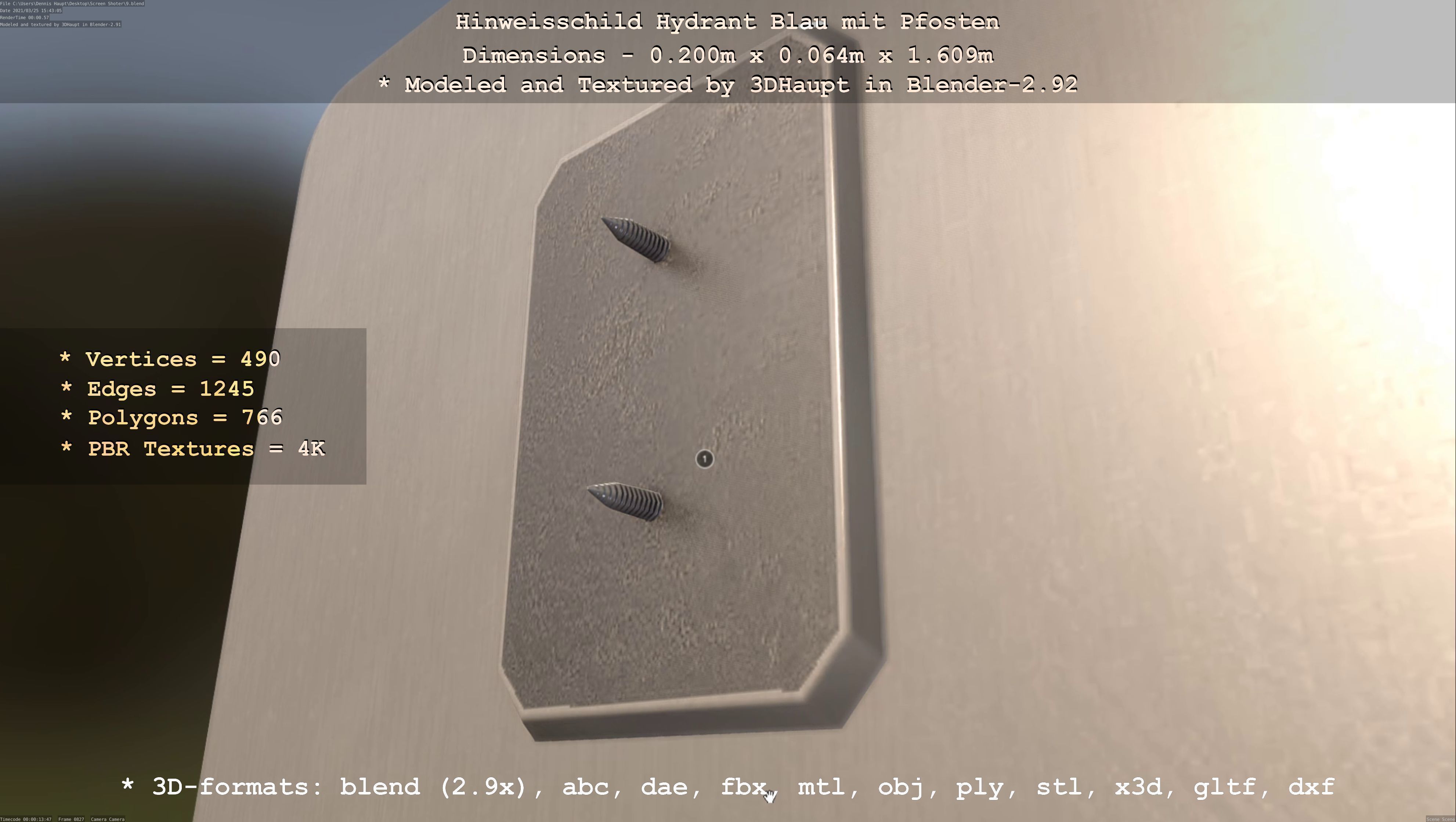 Hinweisschild Hydrant blau mit Pfosten und Rahmen Low-poly 3D model_32