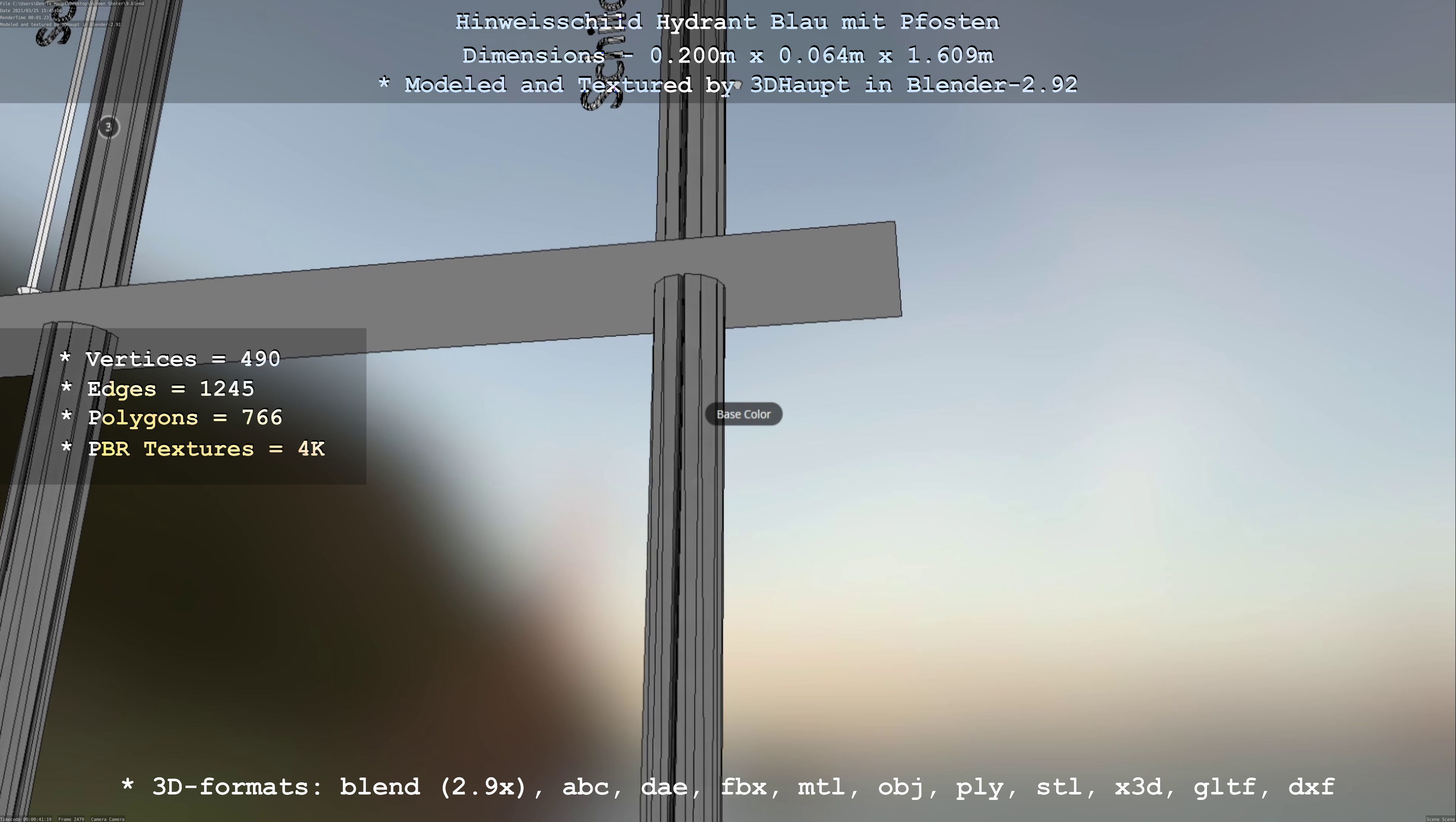 Hinweisschild Hydrant blau mit Pfosten und Rahmen Low-poly 3D model_62