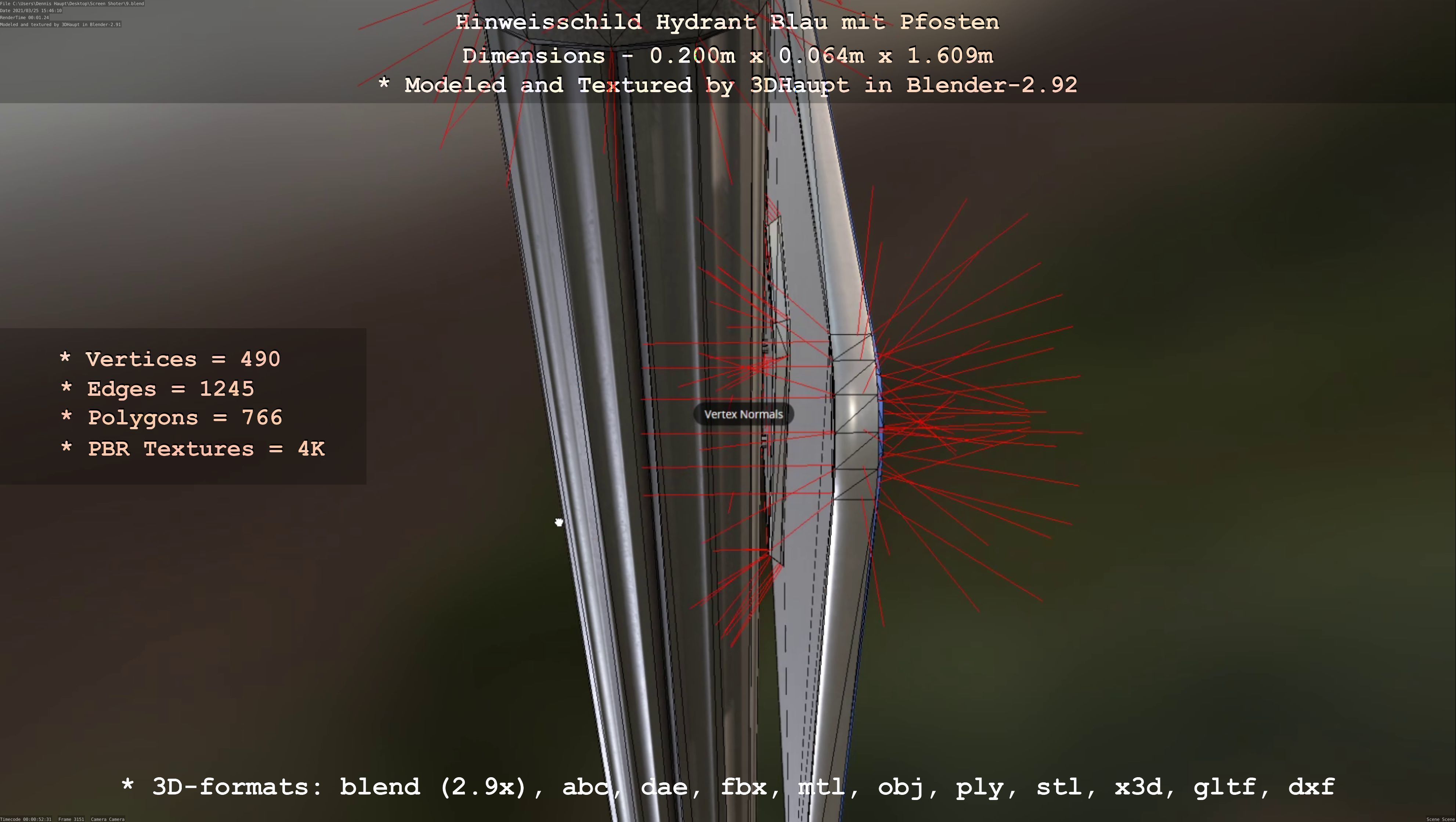 Hinweisschild Hydrant blau mit Pfosten und Rahmen Low-poly 3D model_52
