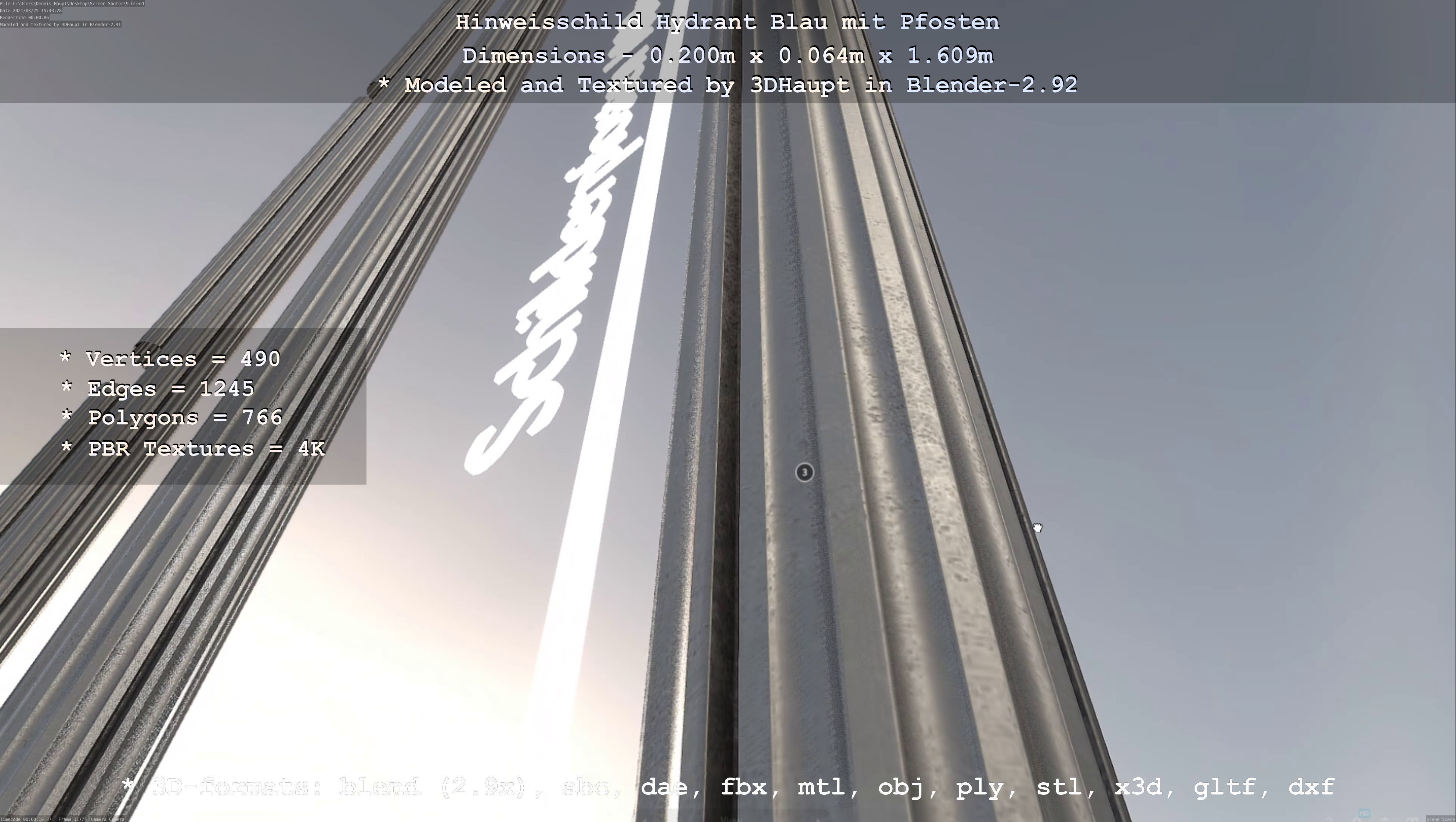 Hinweisschild Hydrant blau mit Pfosten und Rahmen Low-poly 3D model_123