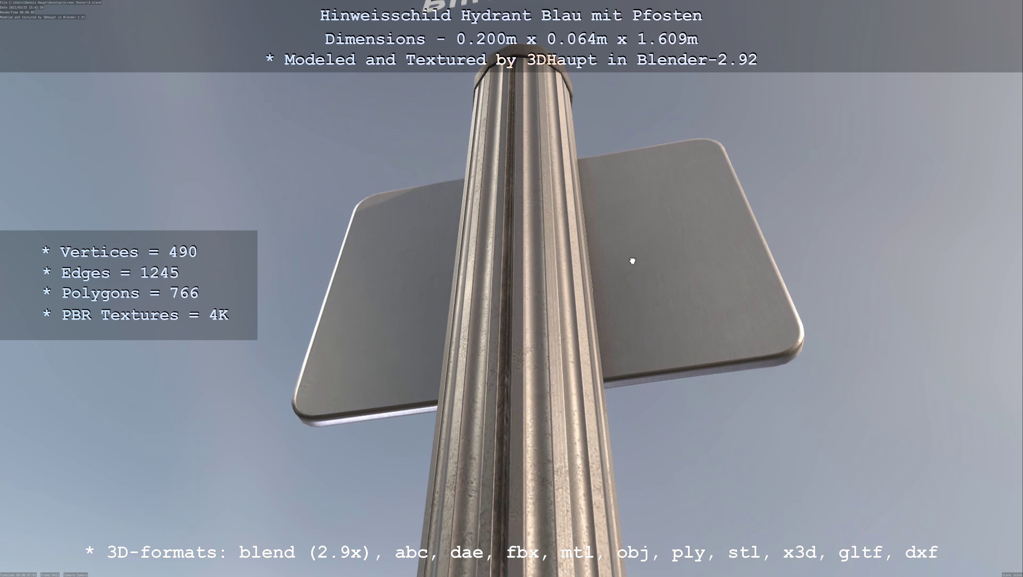 Hinweisschild Hydrant blau mit Pfosten und Rahmen Low-poly 3D model_79