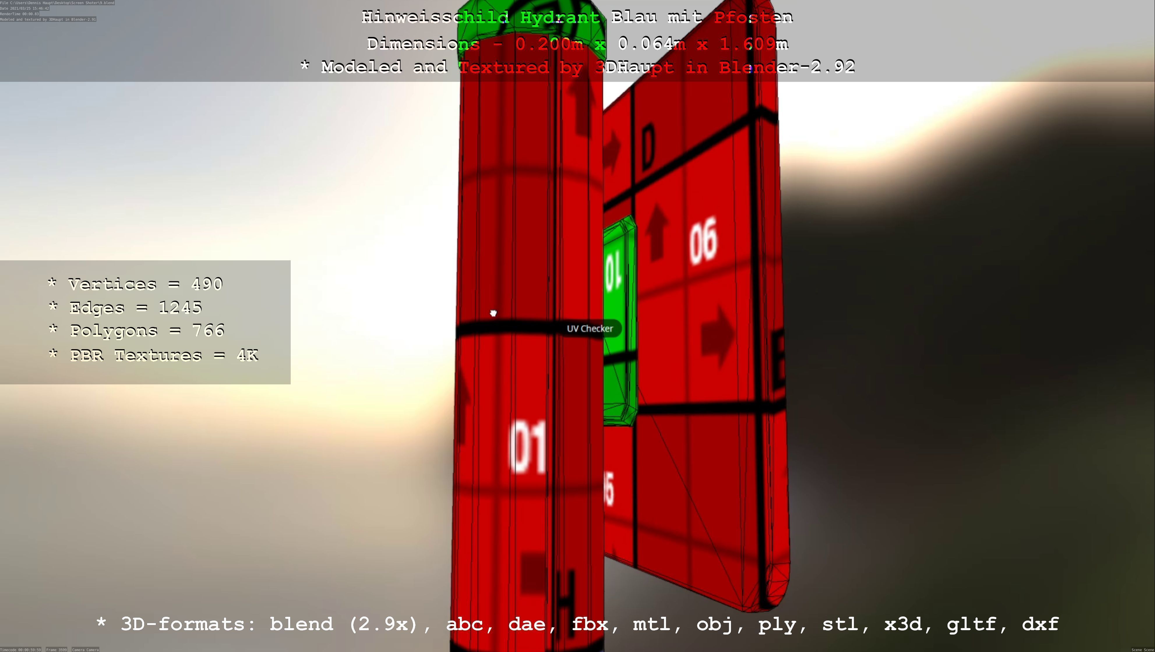 Hinweisschild Hydrant blau mit Pfosten und Rahmen Low-poly 3D model_73