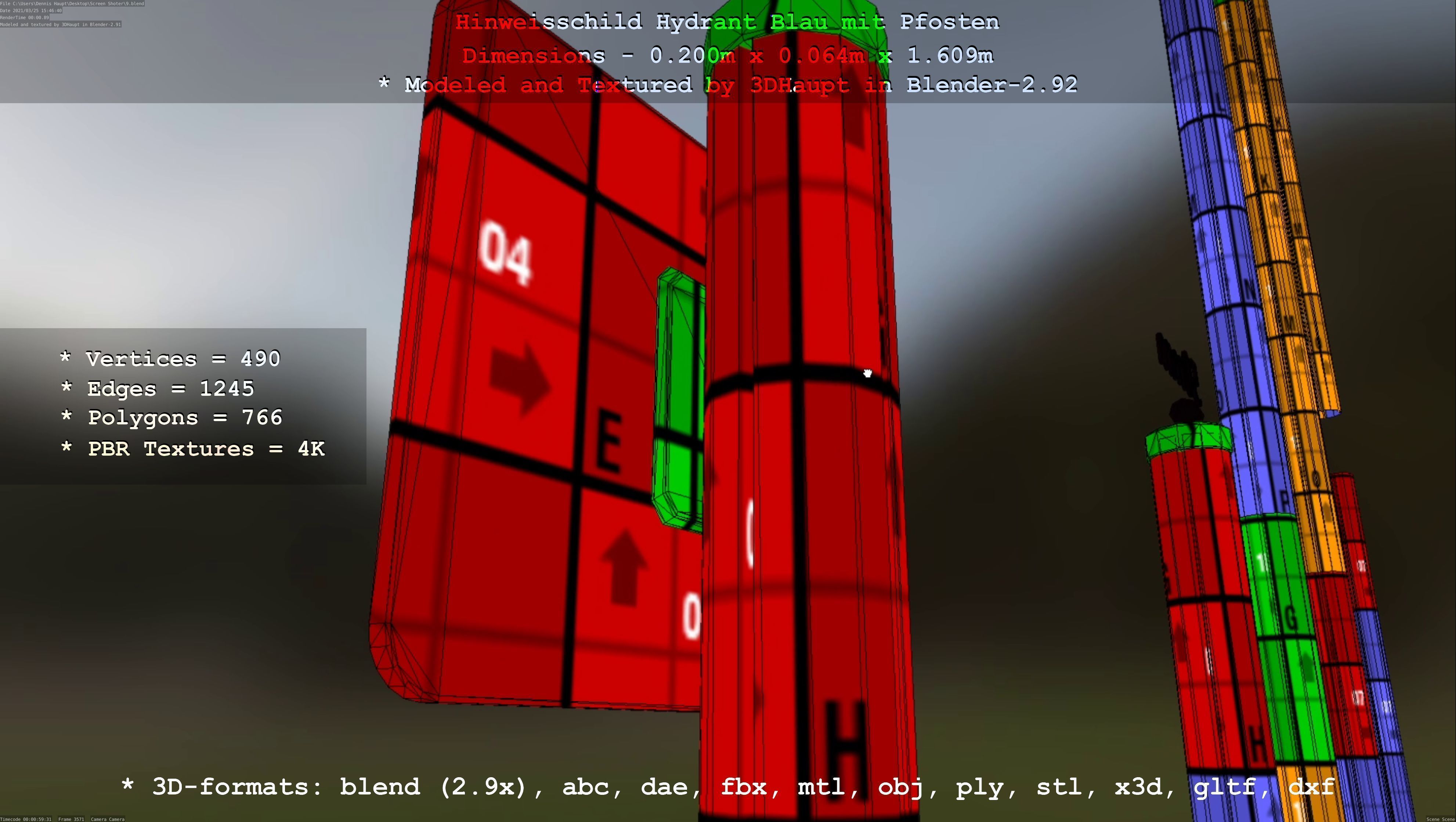 Hinweisschild Hydrant blau mit Pfosten und Rahmen Low-poly 3D model_12