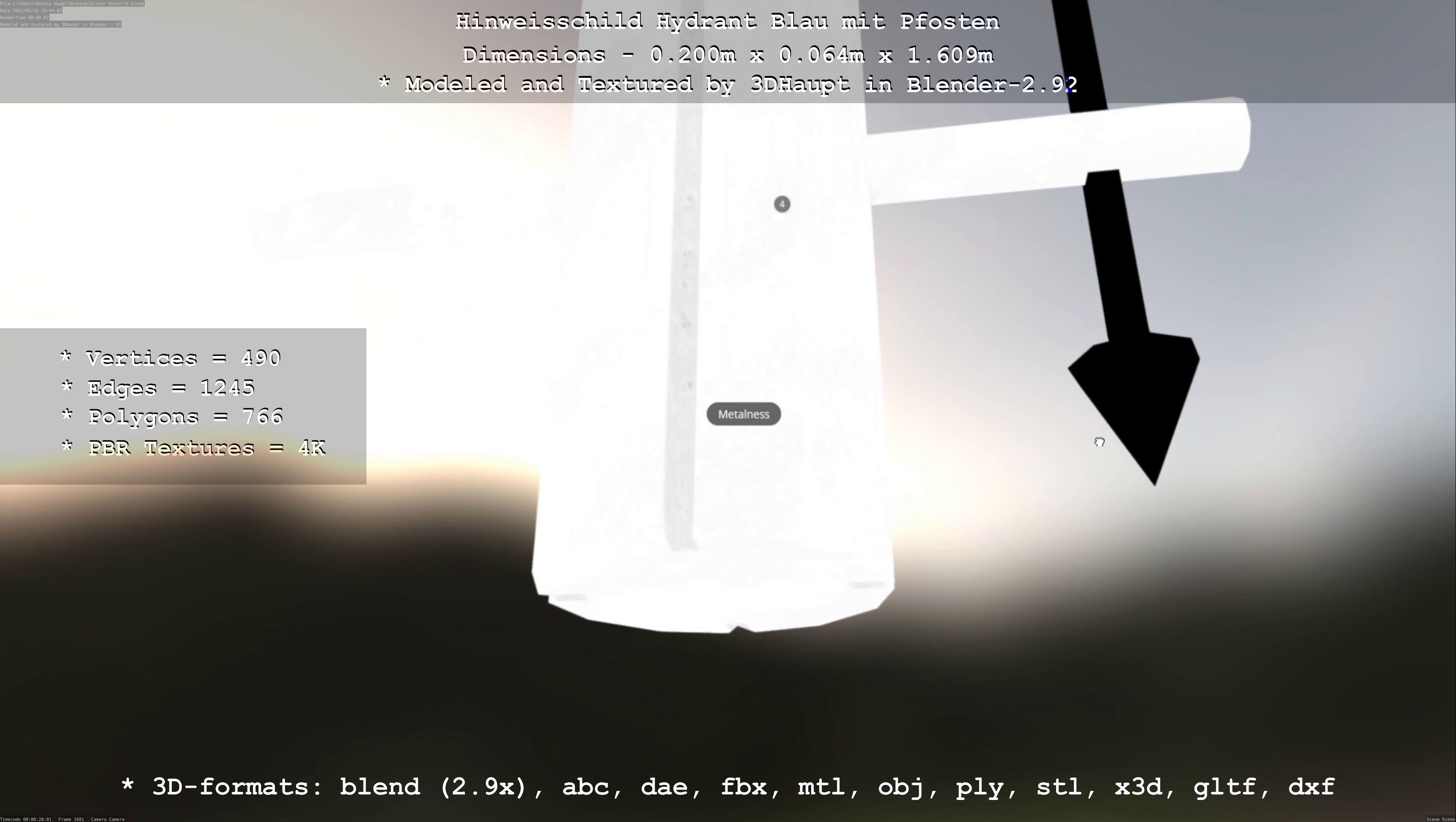 Hinweisschild Hydrant blau mit Pfosten und Rahmen Low-poly 3D model_121