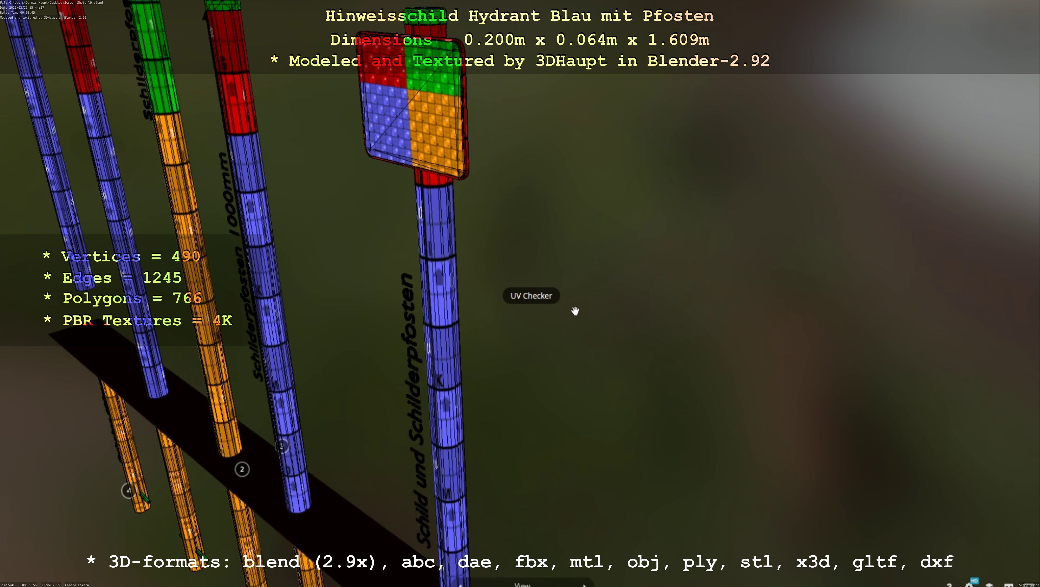 Hinweisschild Hydrant blau mit Pfosten und Rahmen Low-poly 3D model_64