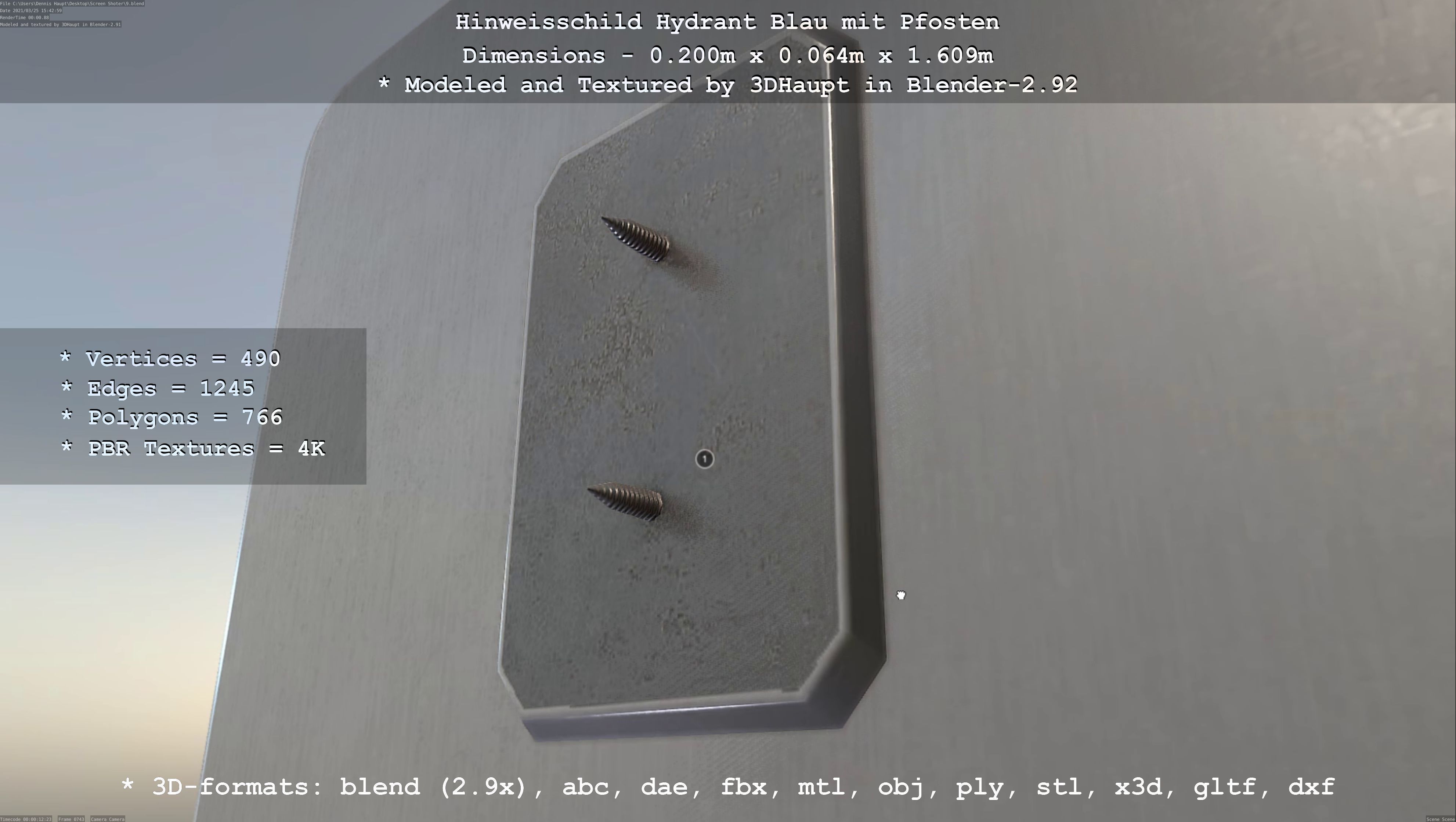 Hinweisschild Hydrant blau mit Pfosten und Rahmen Low-poly 3D model_115