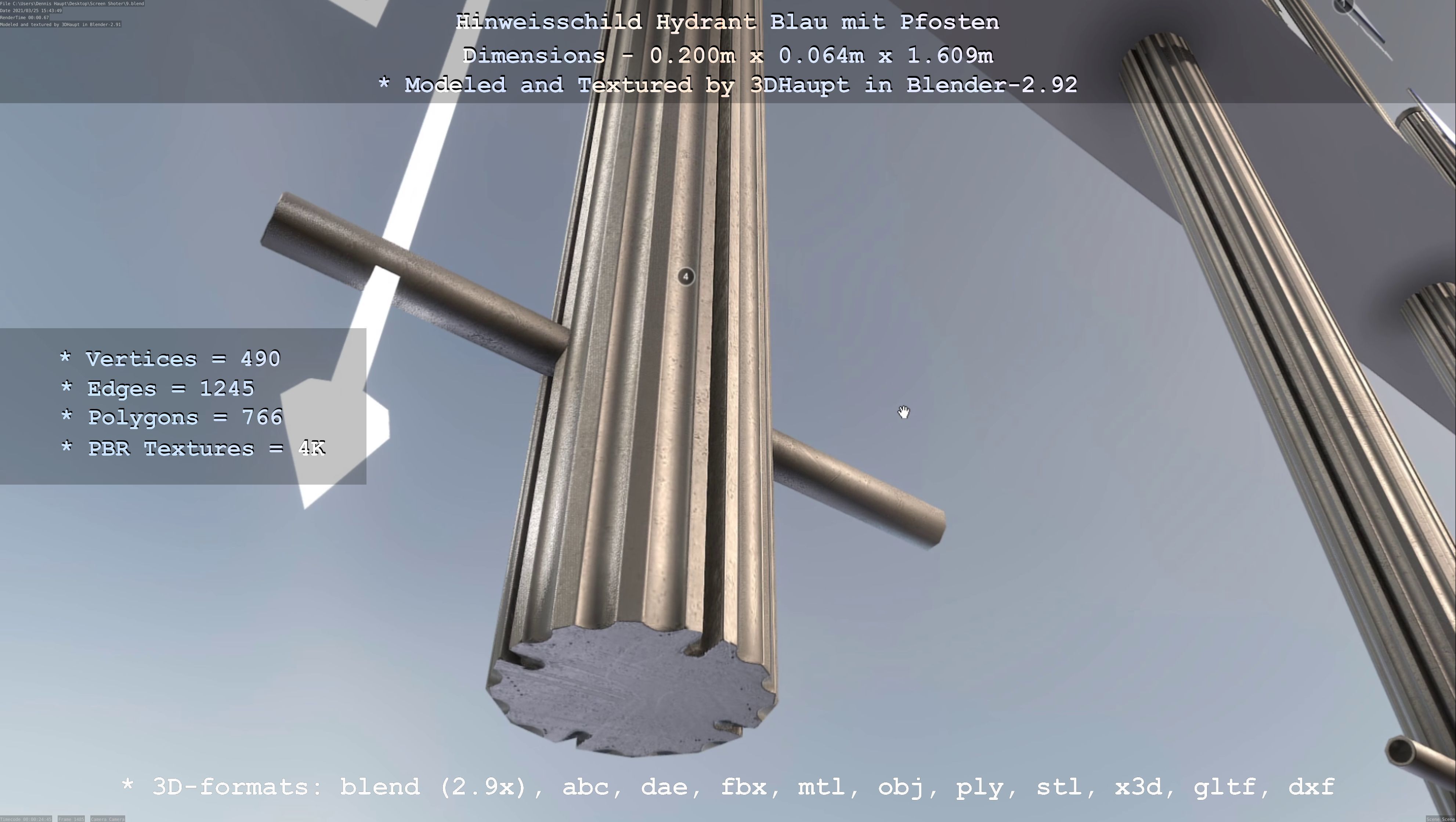 Hinweisschild Hydrant blau mit Pfosten und Rahmen Low-poly 3D model_140