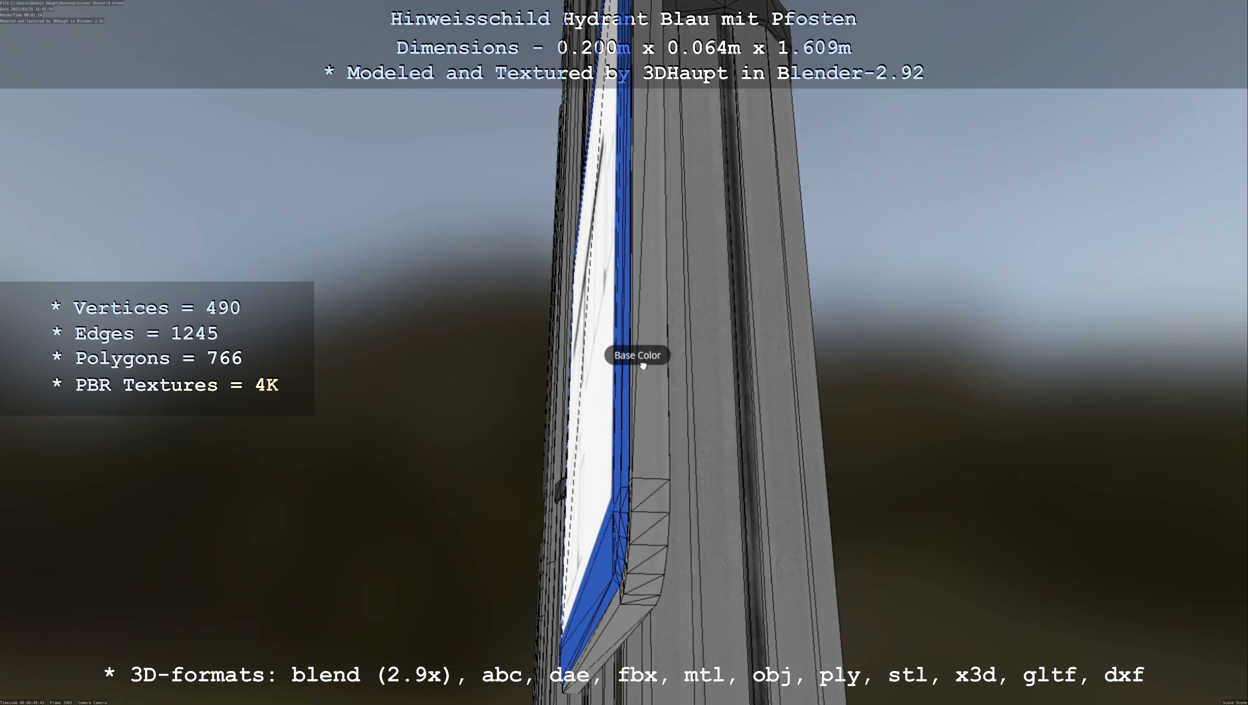 Hinweisschild Hydrant blau mit Pfosten und Rahmen Low-poly 3D model_58