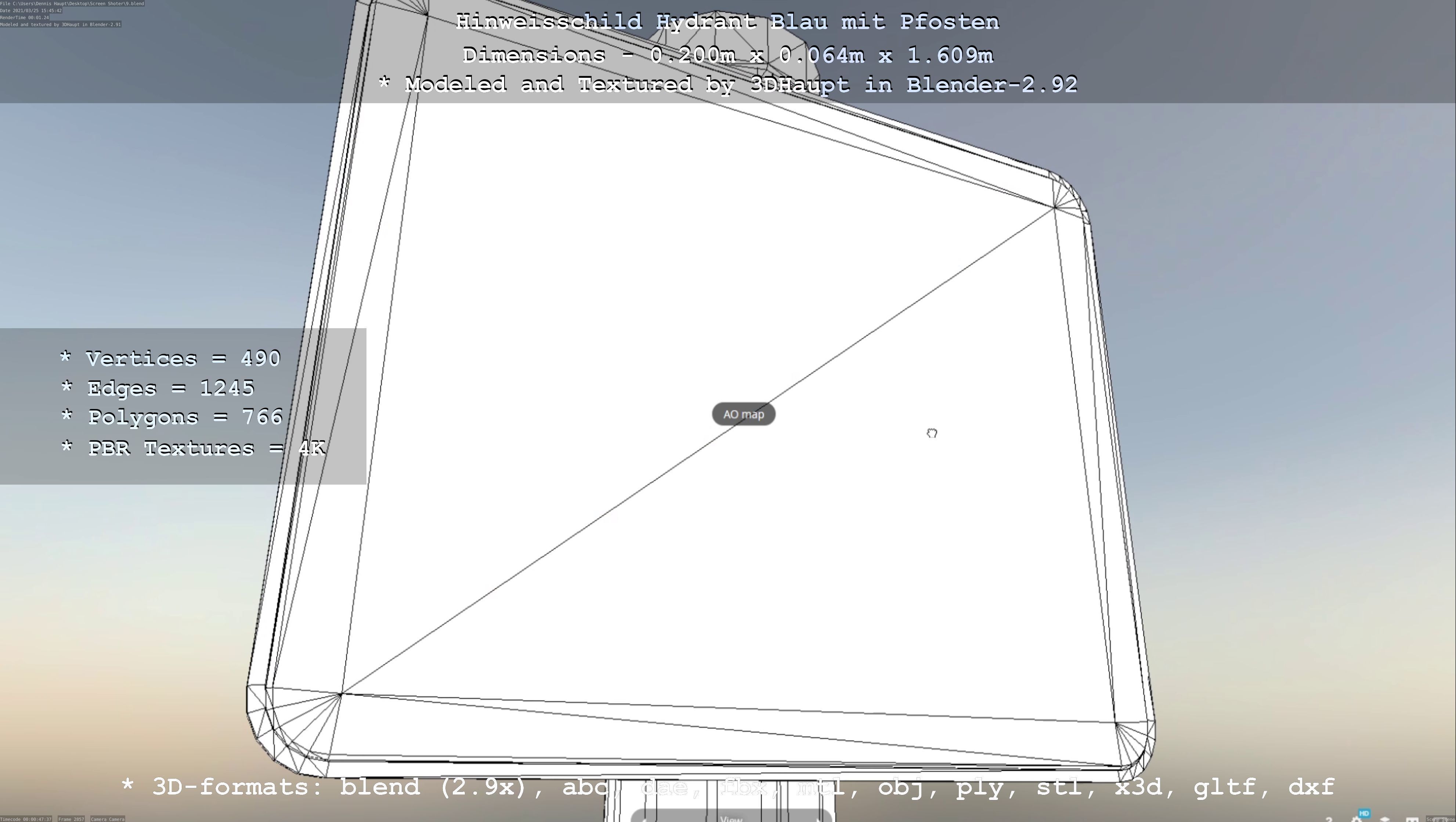 Hinweisschild Hydrant blau mit Pfosten und Rahmen Low-poly 3D model_146