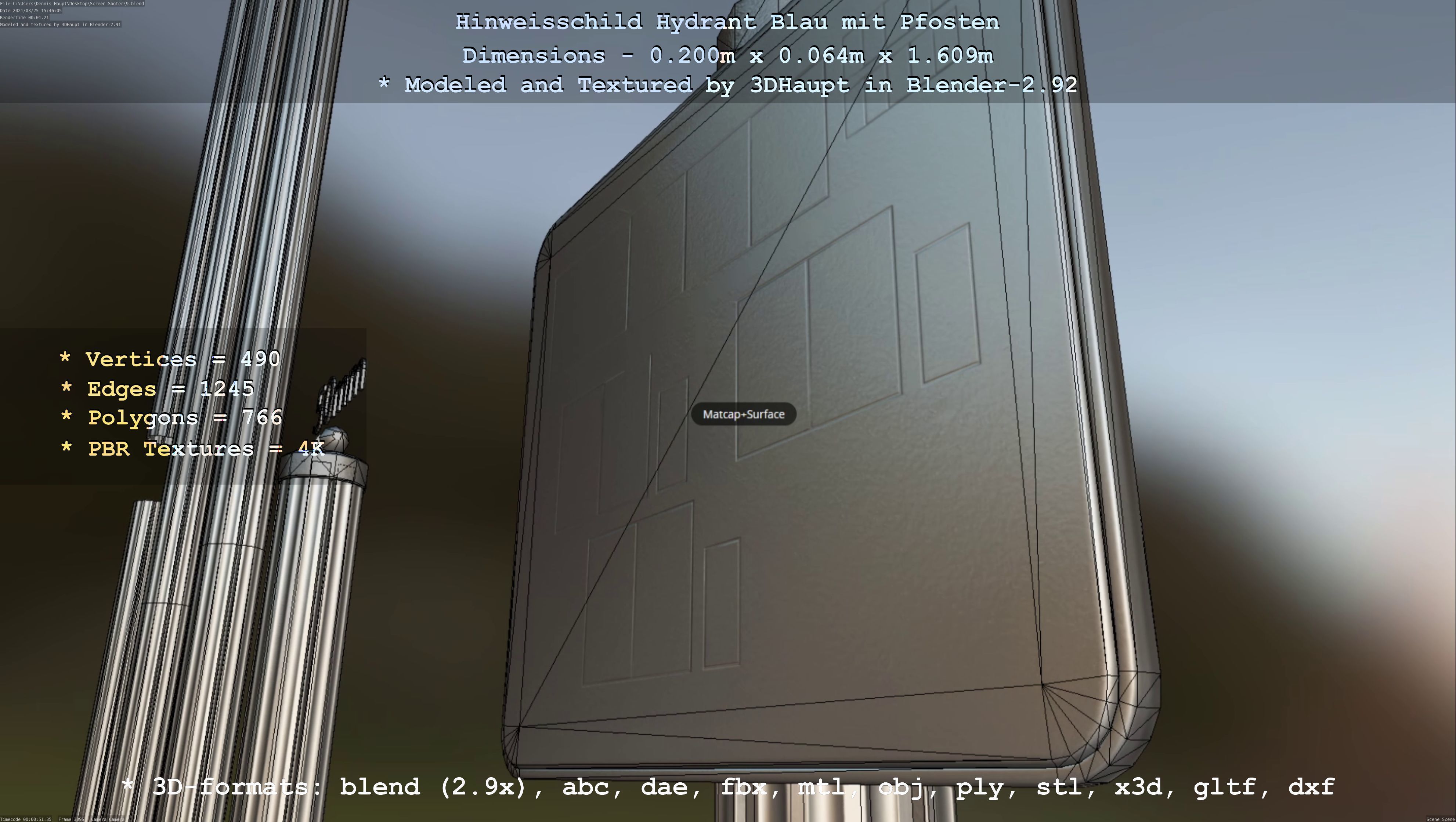 Hinweisschild Hydrant blau mit Pfosten und Rahmen Low-poly 3D model_7