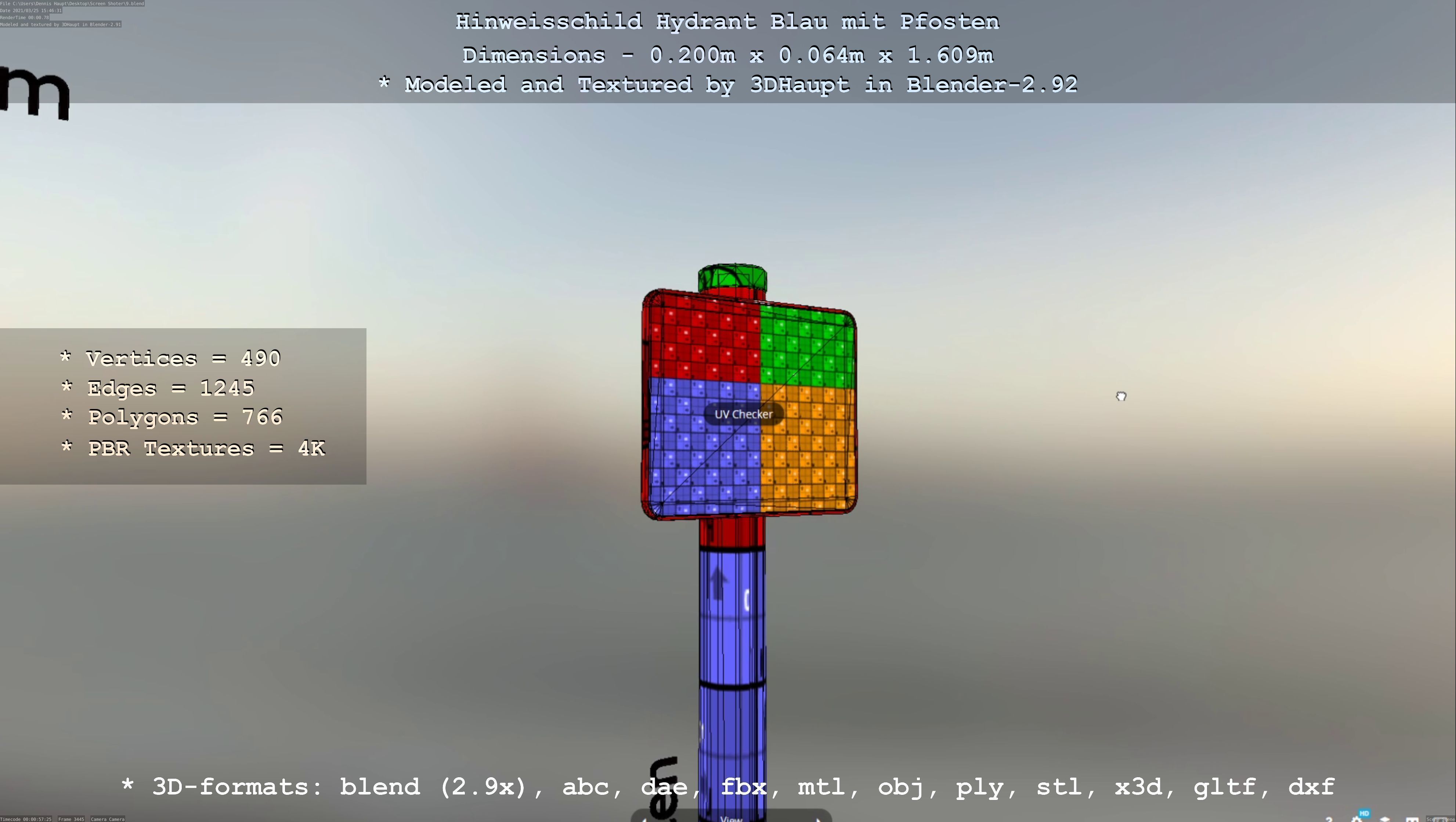 Hinweisschild Hydrant blau mit Pfosten und Rahmen Low-poly 3D model_93