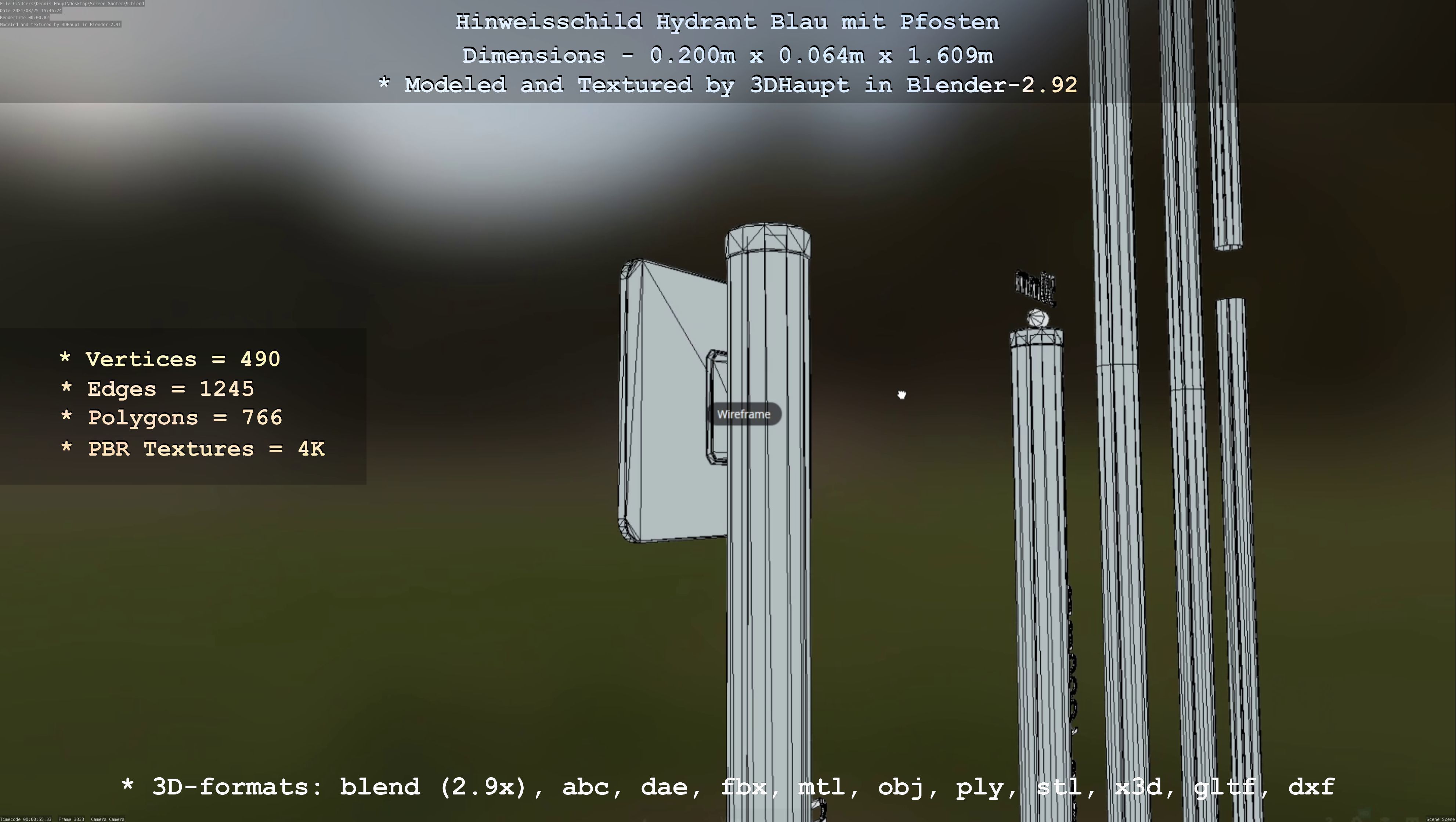 Hinweisschild Hydrant blau mit Pfosten und Rahmen Low-poly 3D model_109