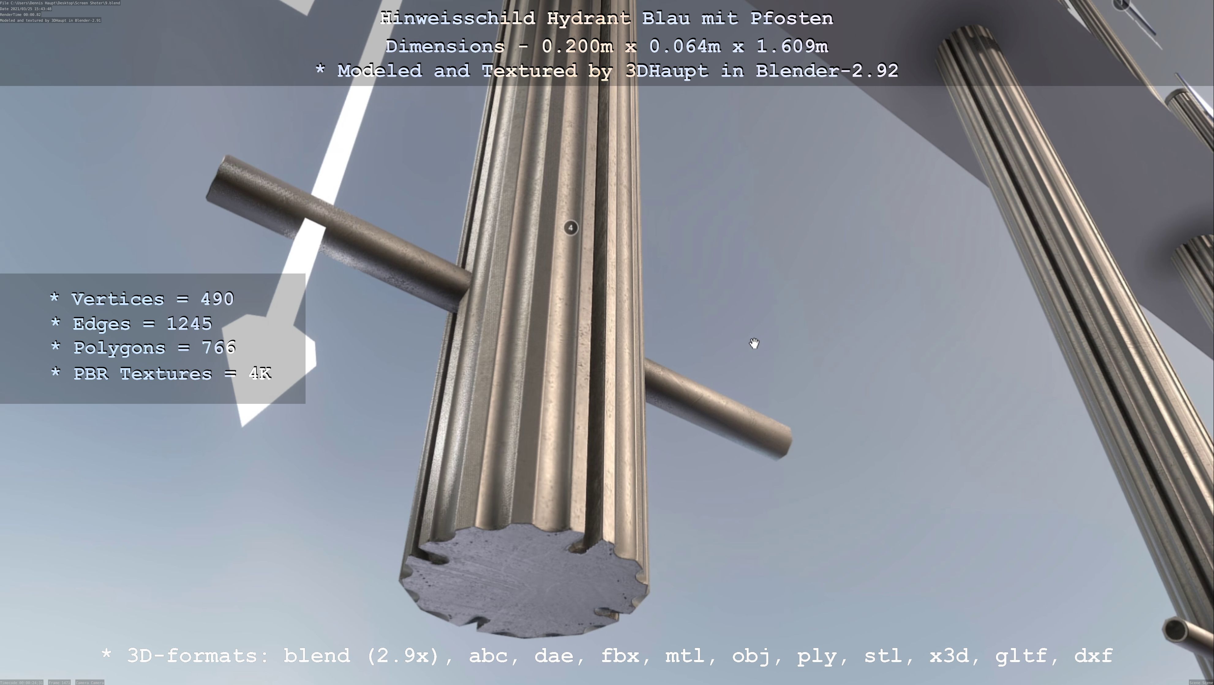 Hinweisschild Hydrant blau mit Pfosten und Rahmen Low-poly 3D model_70