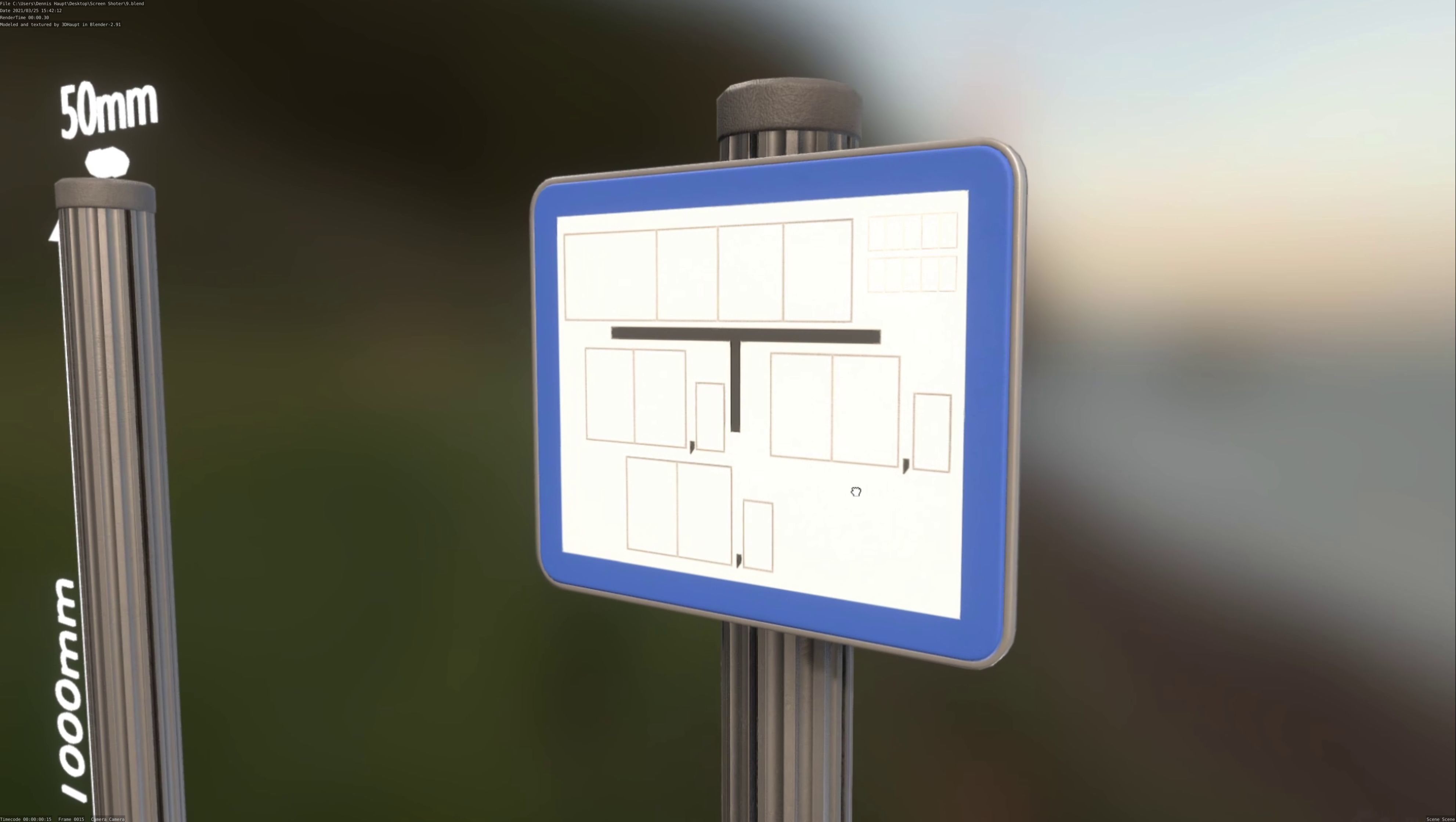 Hinweisschild Hydrant blau mit Pfosten und Rahmen Low-poly 3D model_117