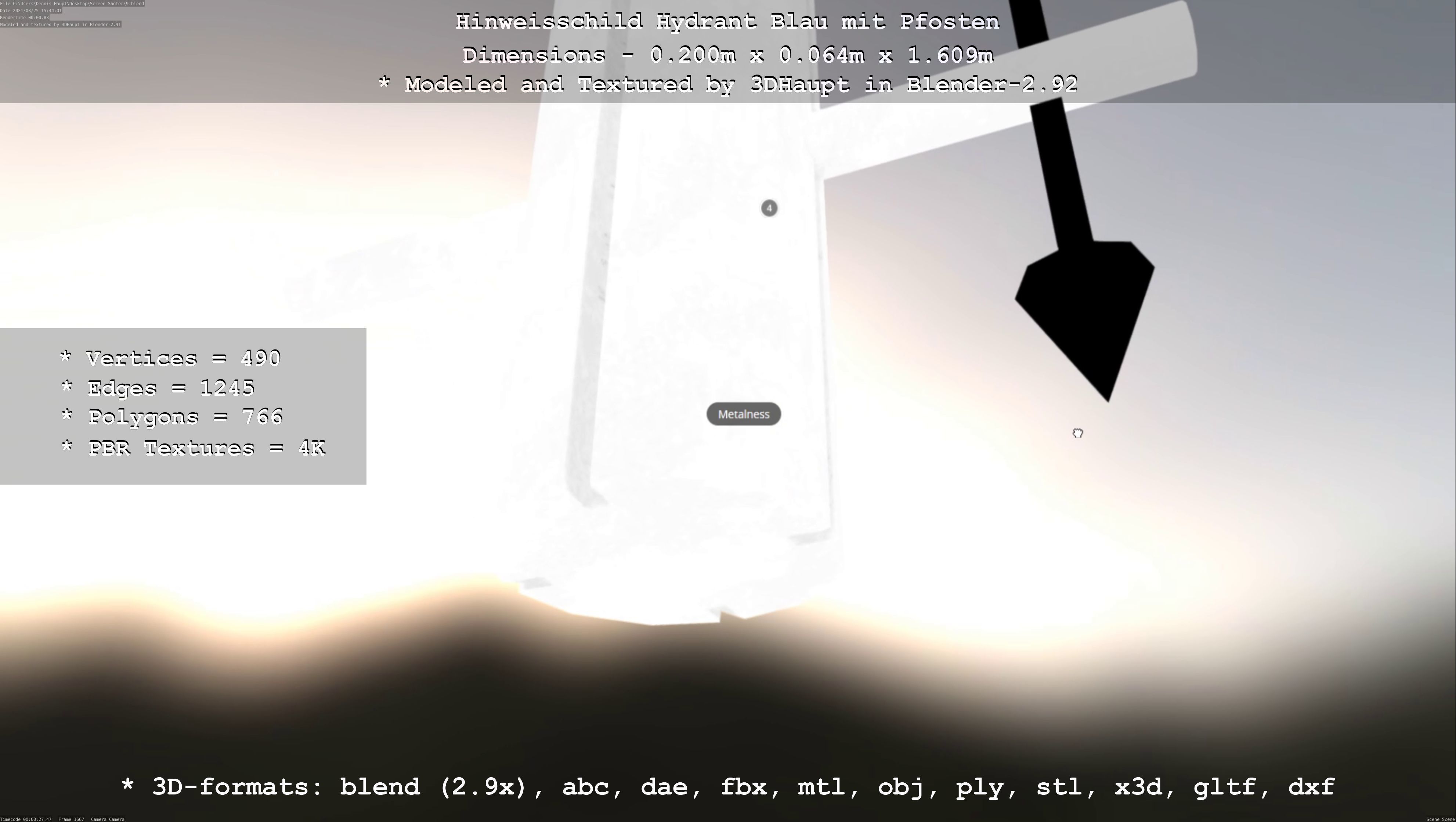 Hinweisschild Hydrant blau mit Pfosten und Rahmen Low-poly 3D model_103