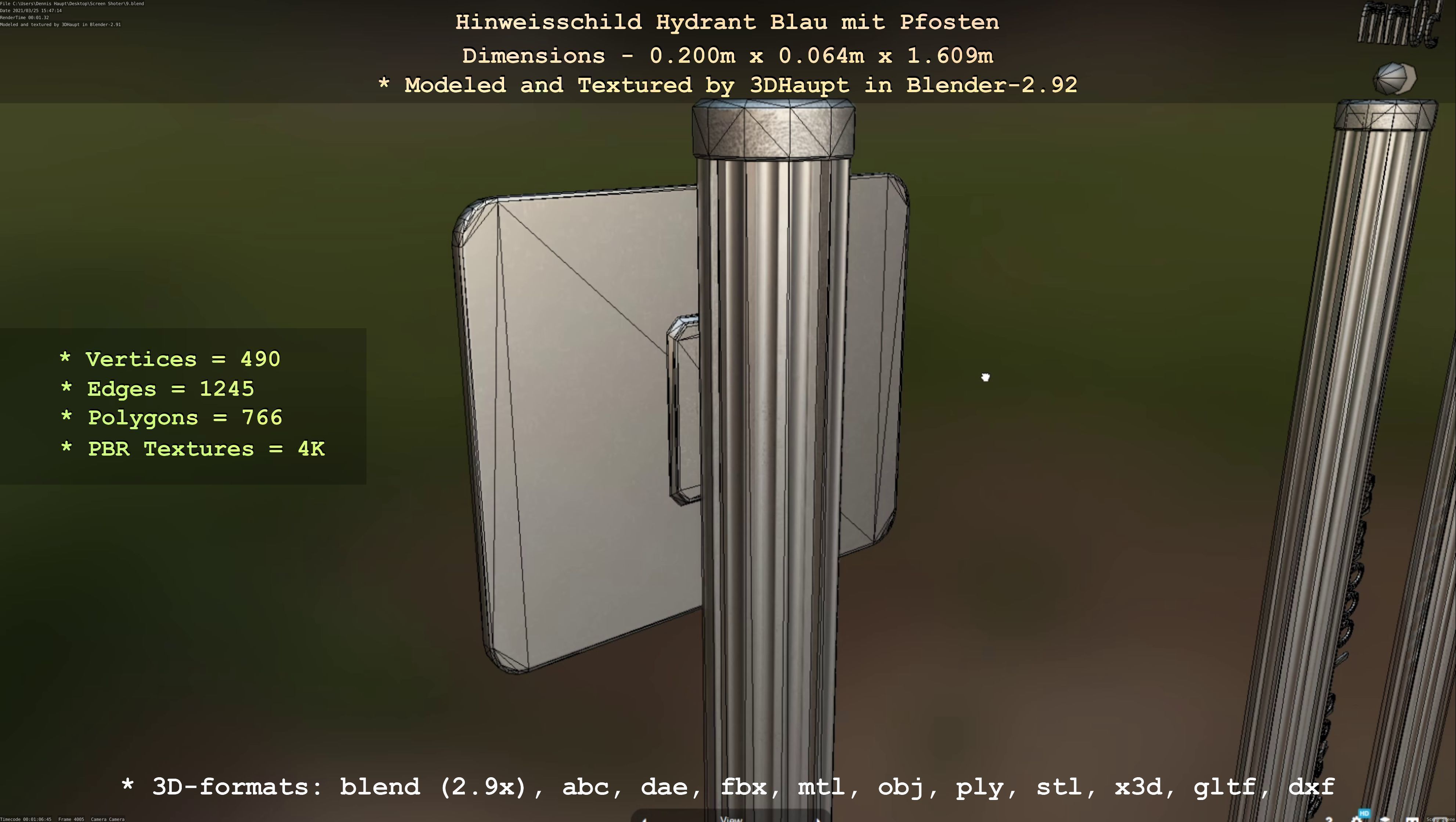 Hinweisschild Hydrant blau mit Pfosten und Rahmen Low-poly 3D model_18