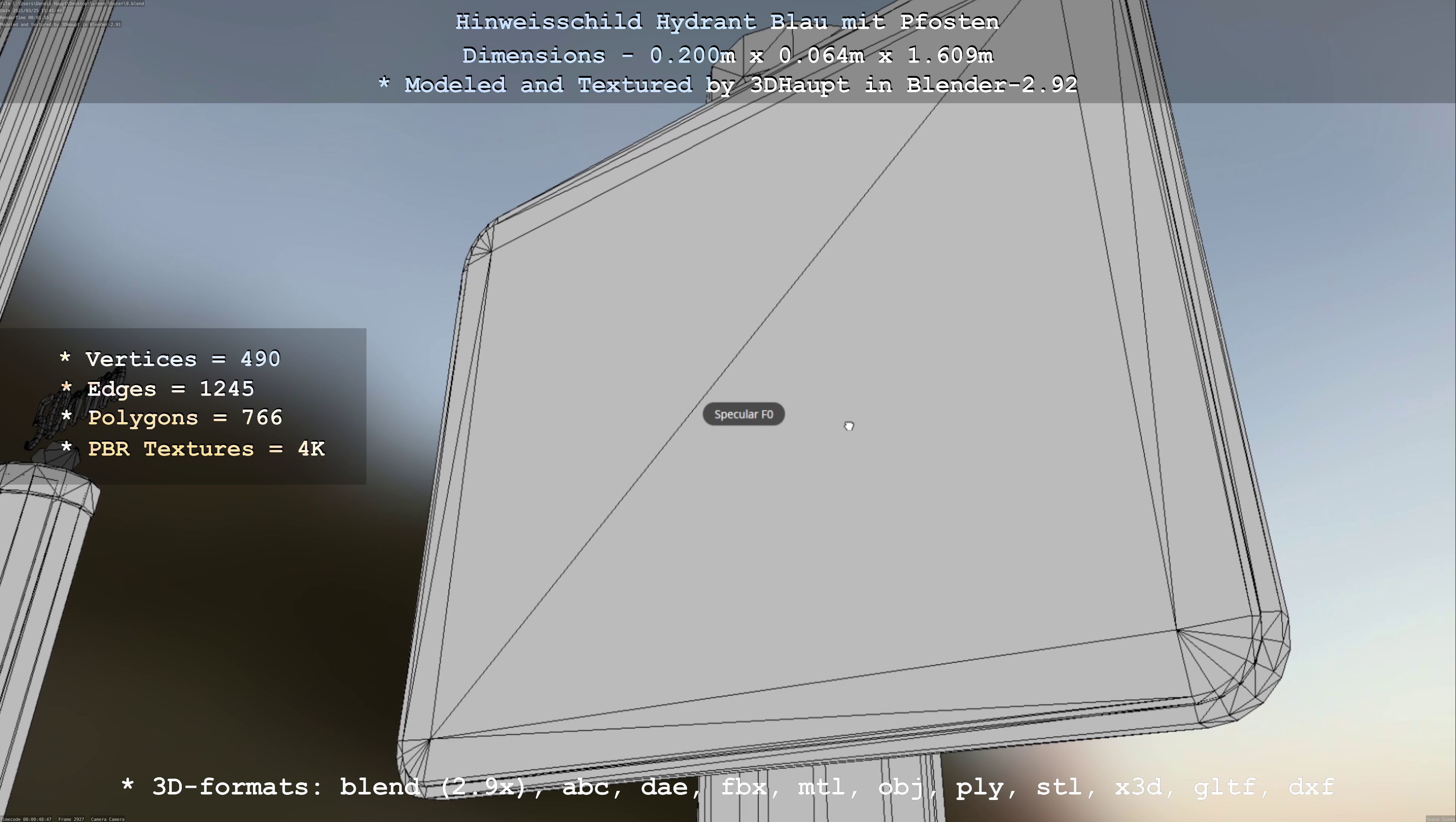 Hinweisschild Hydrant blau mit Pfosten und Rahmen Low-poly 3D model_5