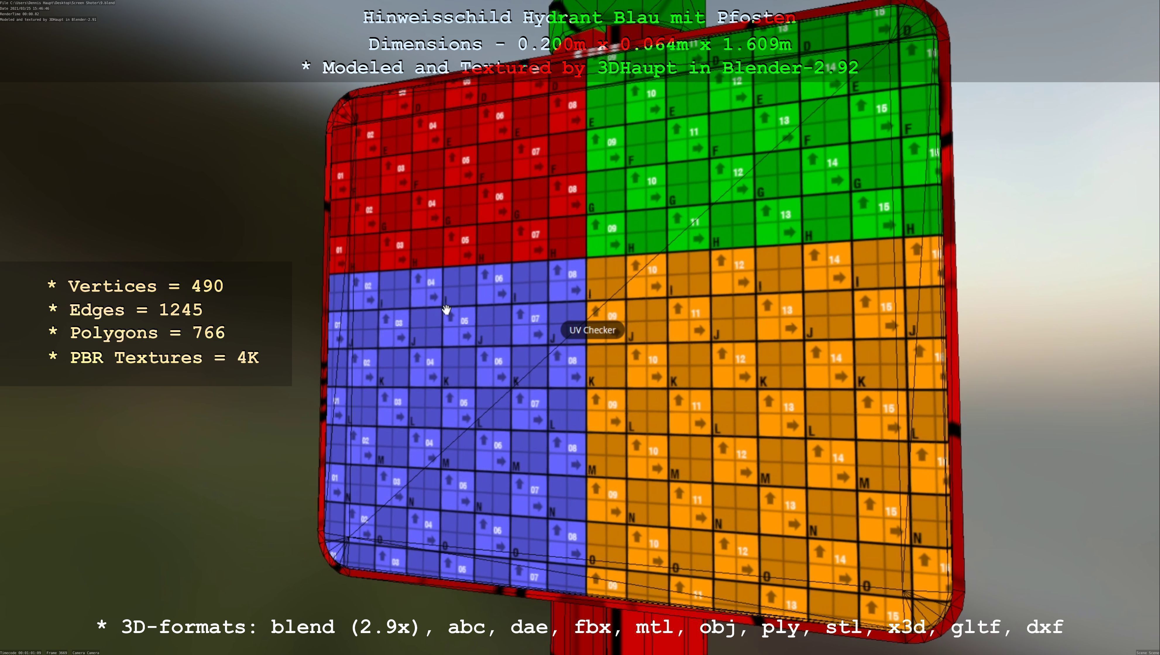 Hinweisschild Hydrant blau mit Pfosten und Rahmen Low-poly 3D model_145