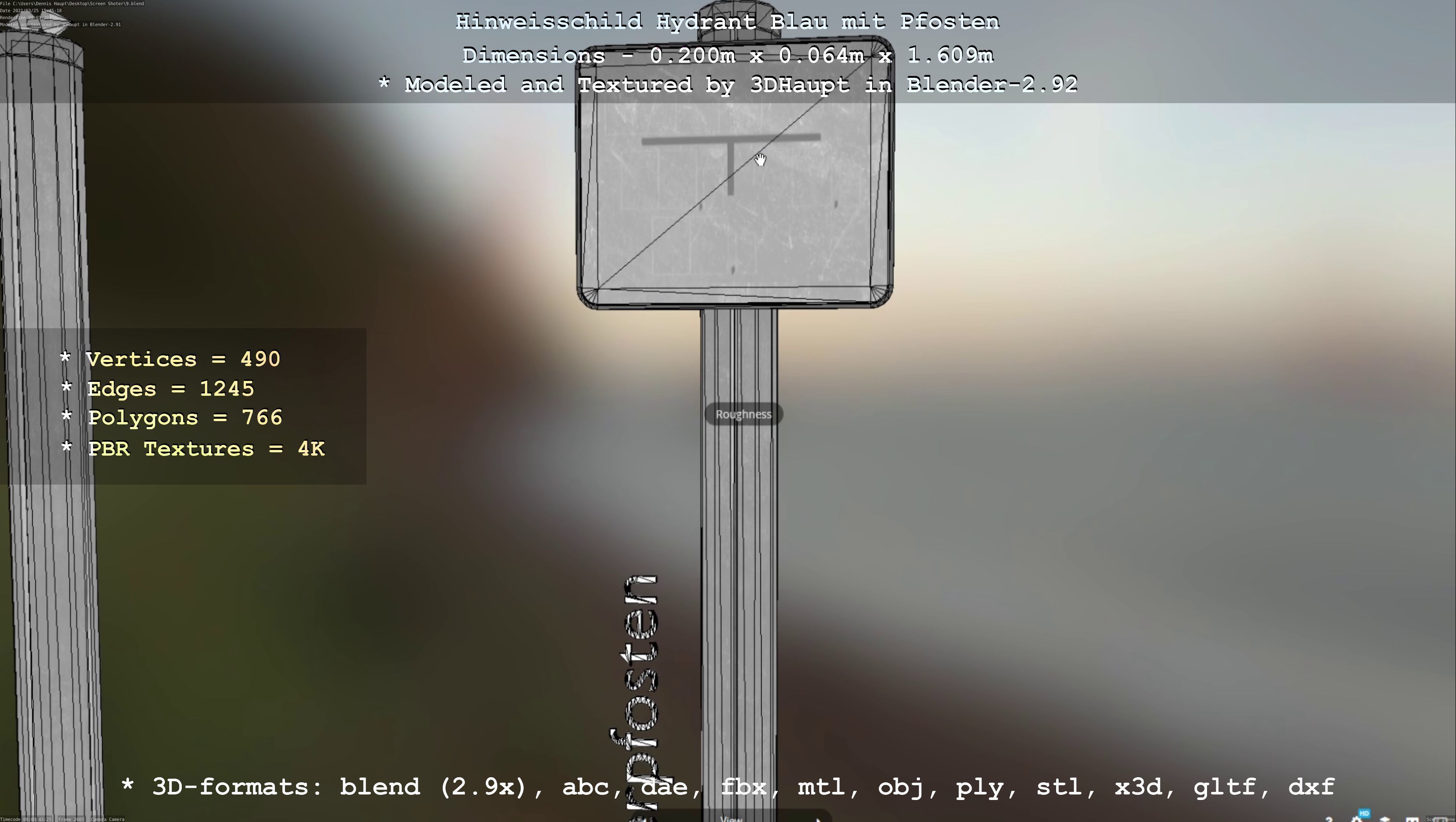 Hinweisschild Hydrant blau mit Pfosten und Rahmen Low-poly 3D model_87