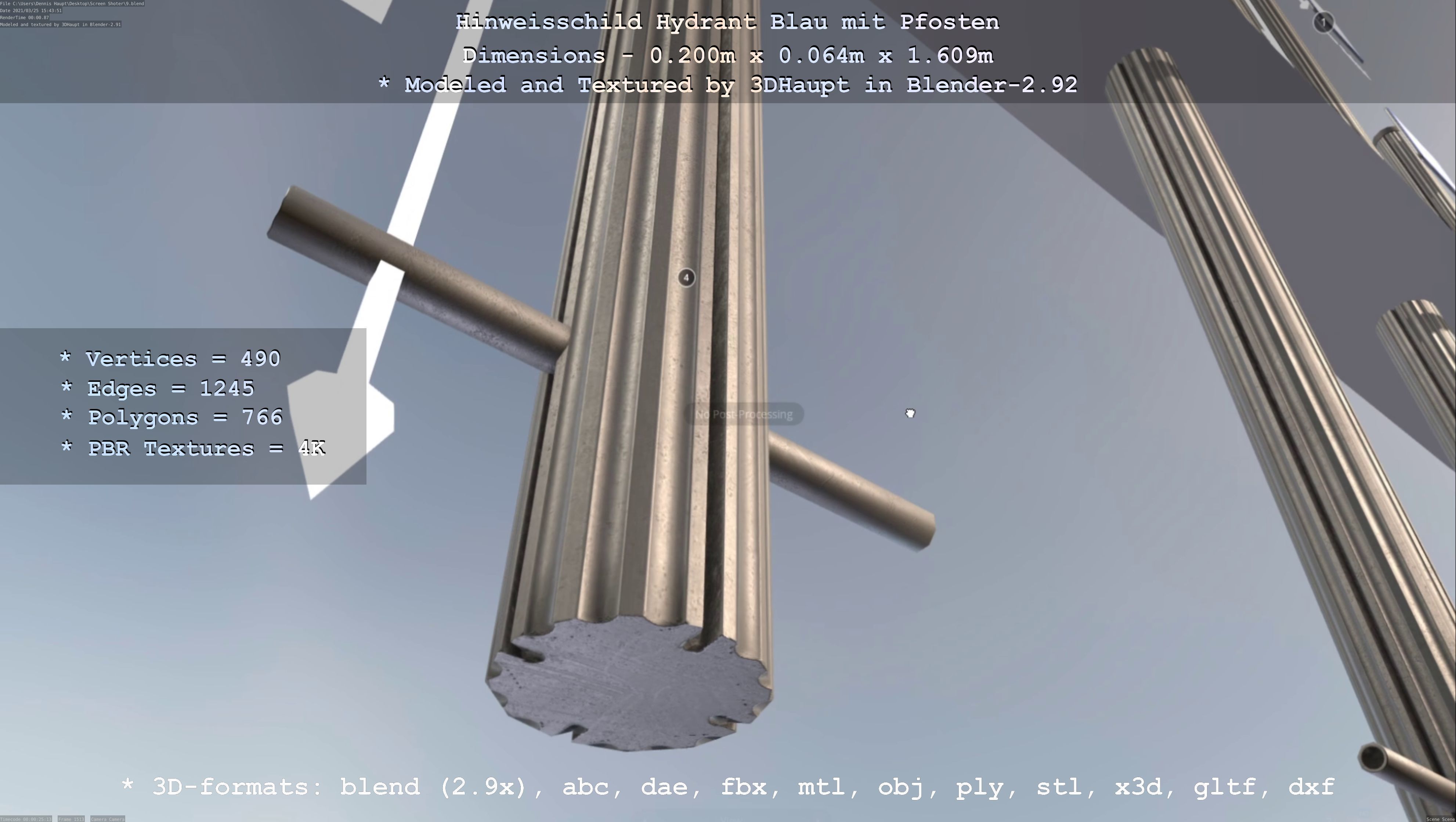 Hinweisschild Hydrant blau mit Pfosten und Rahmen Low-poly 3D model_126