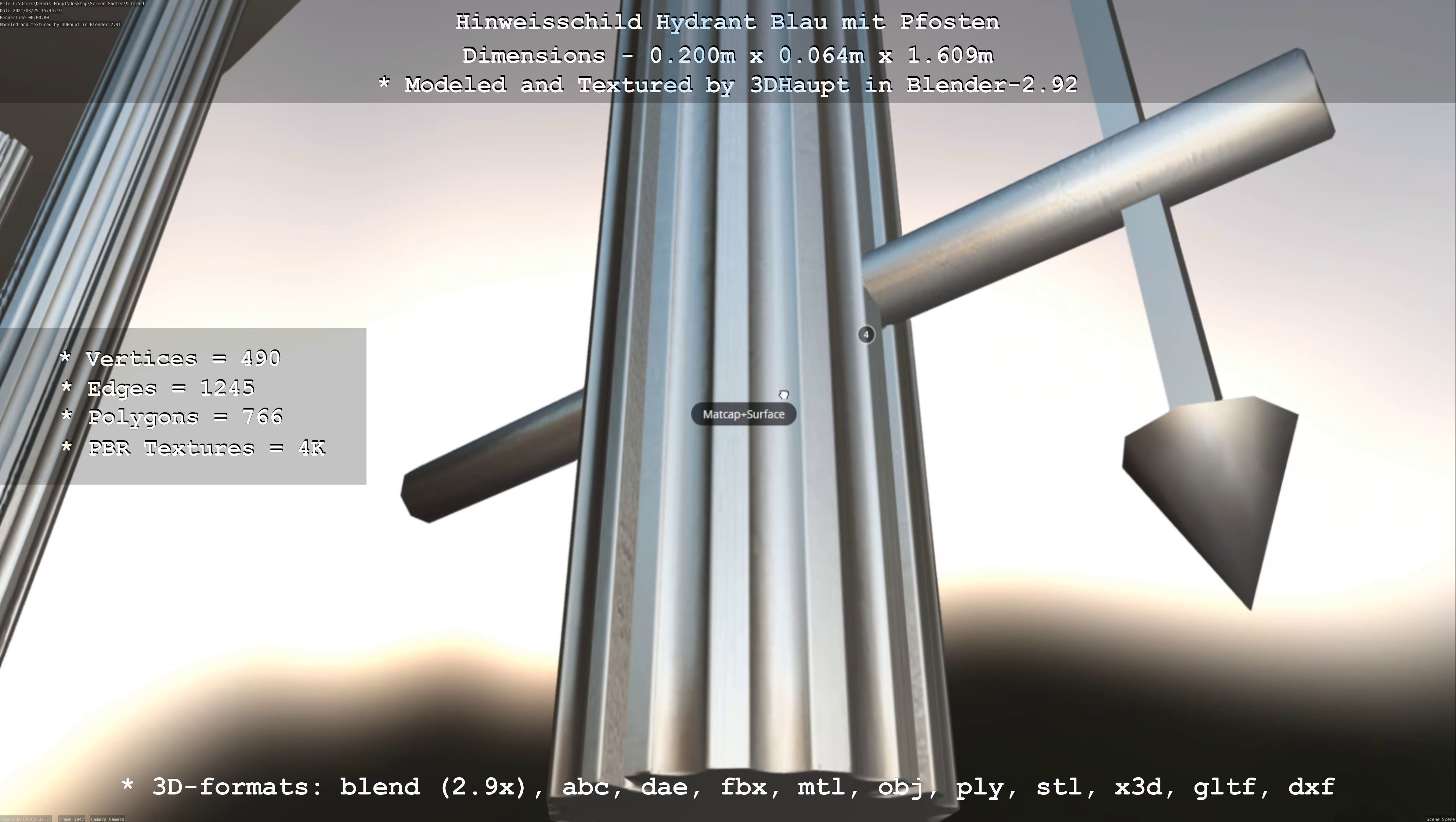 Hinweisschild Hydrant blau mit Pfosten und Rahmen Low-poly 3D model_42