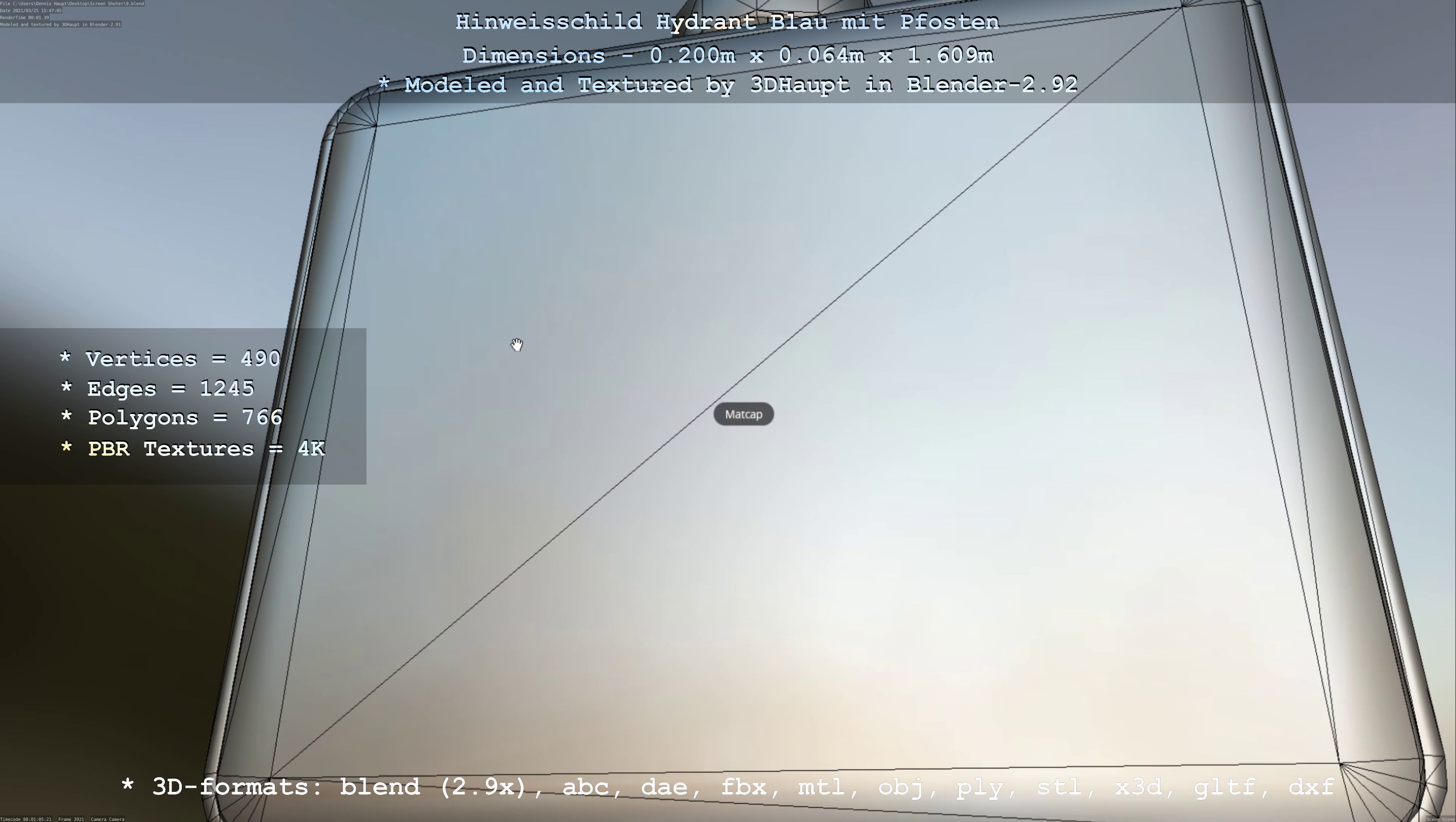 Hinweisschild Hydrant blau mit Pfosten und Rahmen Low-poly 3D model_144