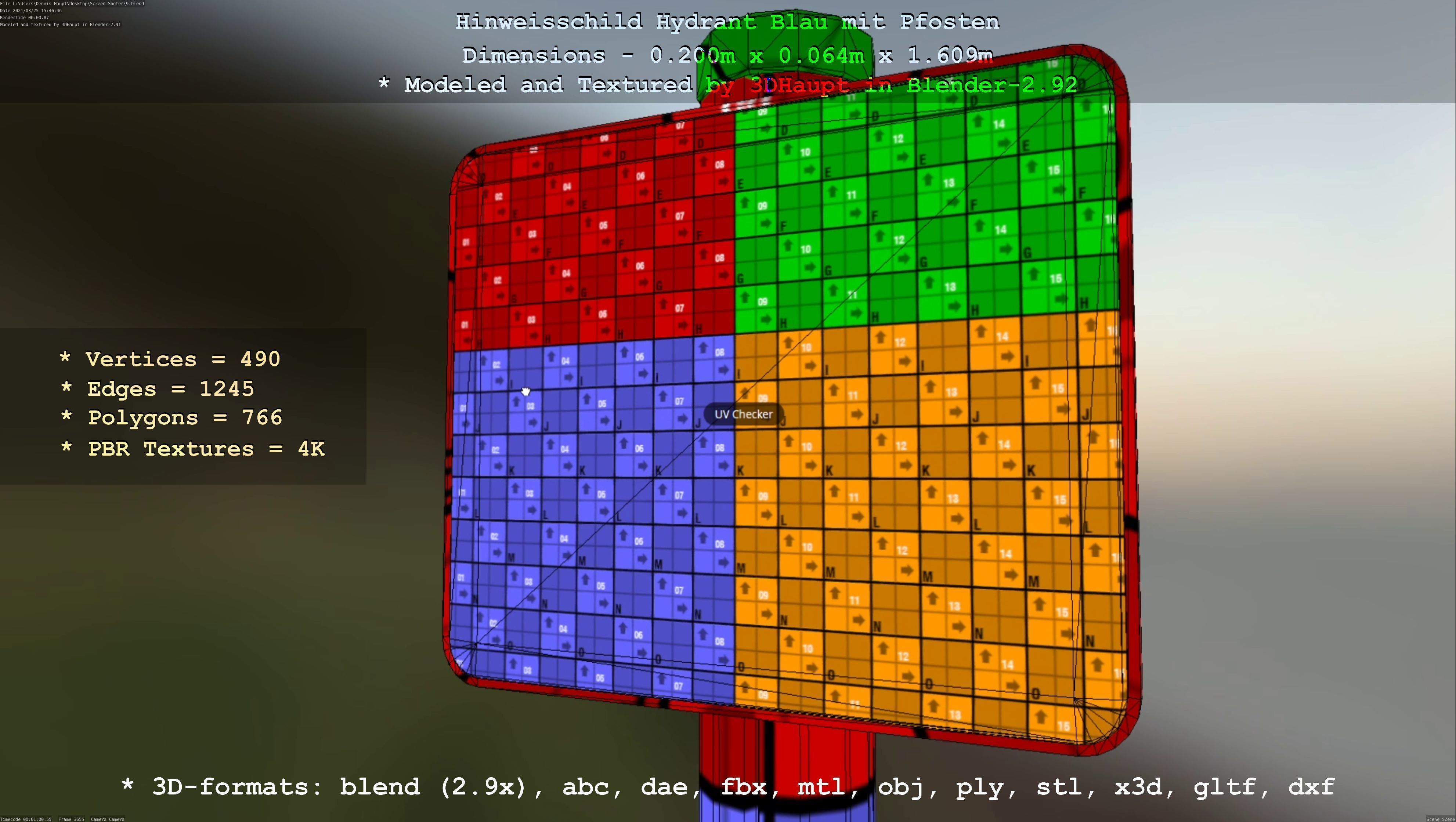 Hinweisschild Hydrant blau mit Pfosten und Rahmen Low-poly 3D model_14
