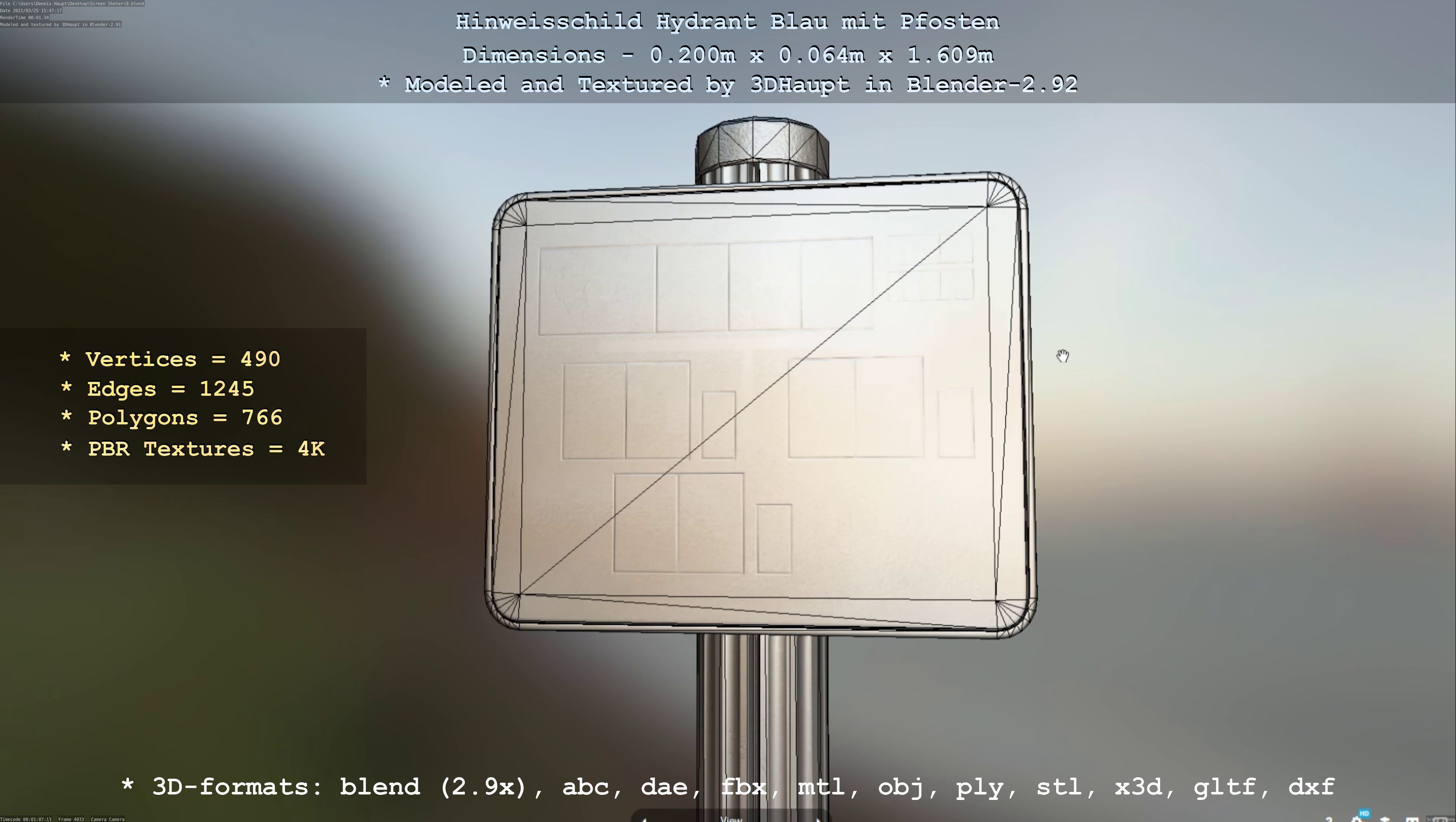 Hinweisschild Hydrant blau mit Pfosten und Rahmen Low-poly 3D model_19