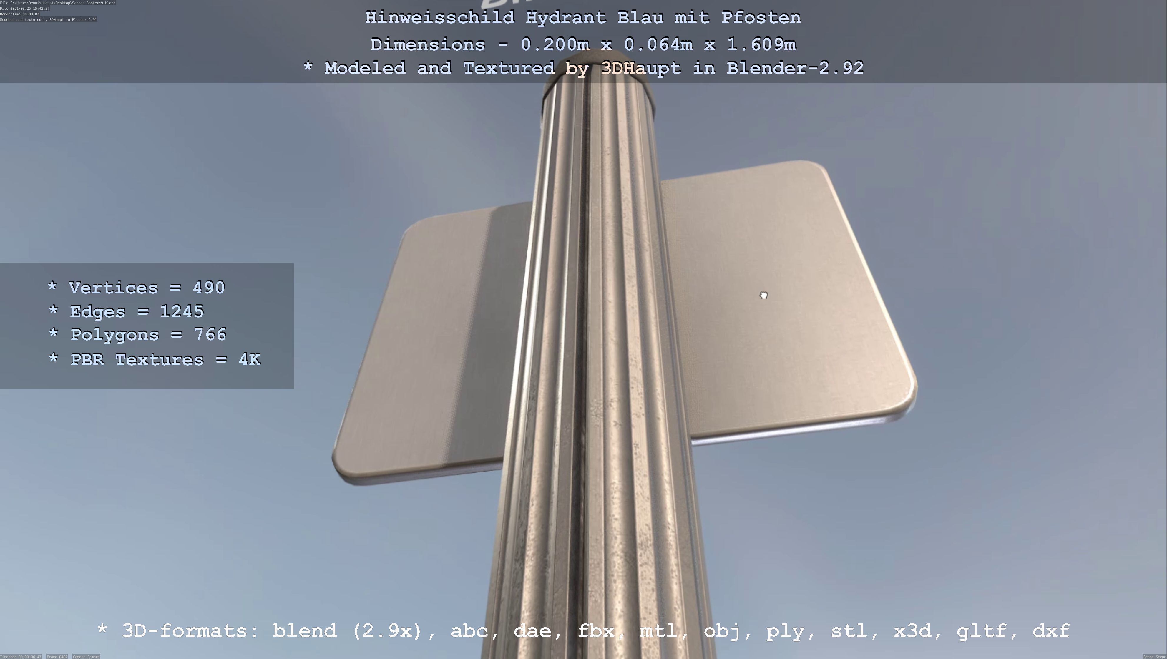 Hinweisschild Hydrant blau mit Pfosten und Rahmen Low-poly 3D model_28