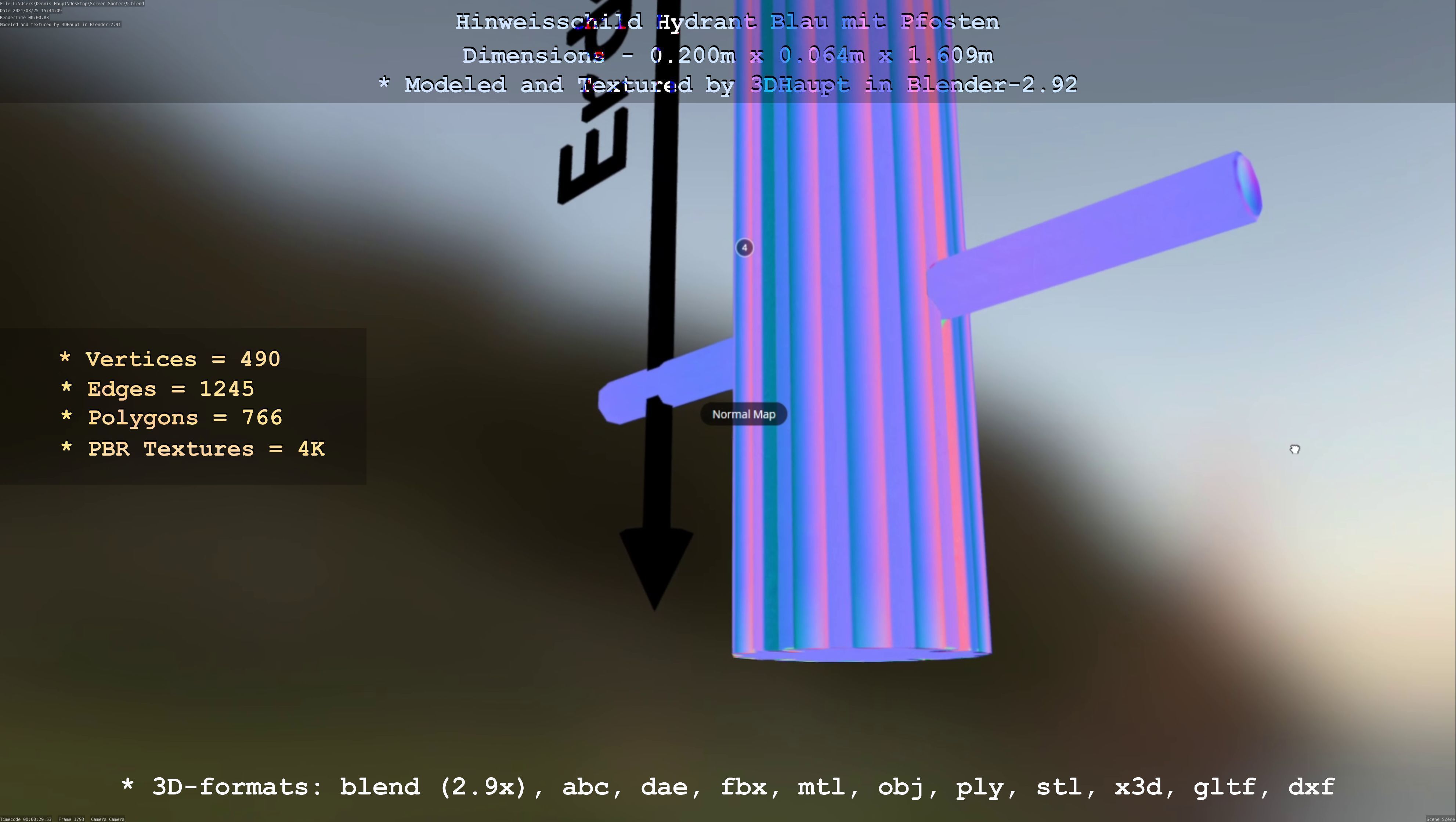 Hinweisschild Hydrant blau mit Pfosten und Rahmen Low-poly 3D model_112