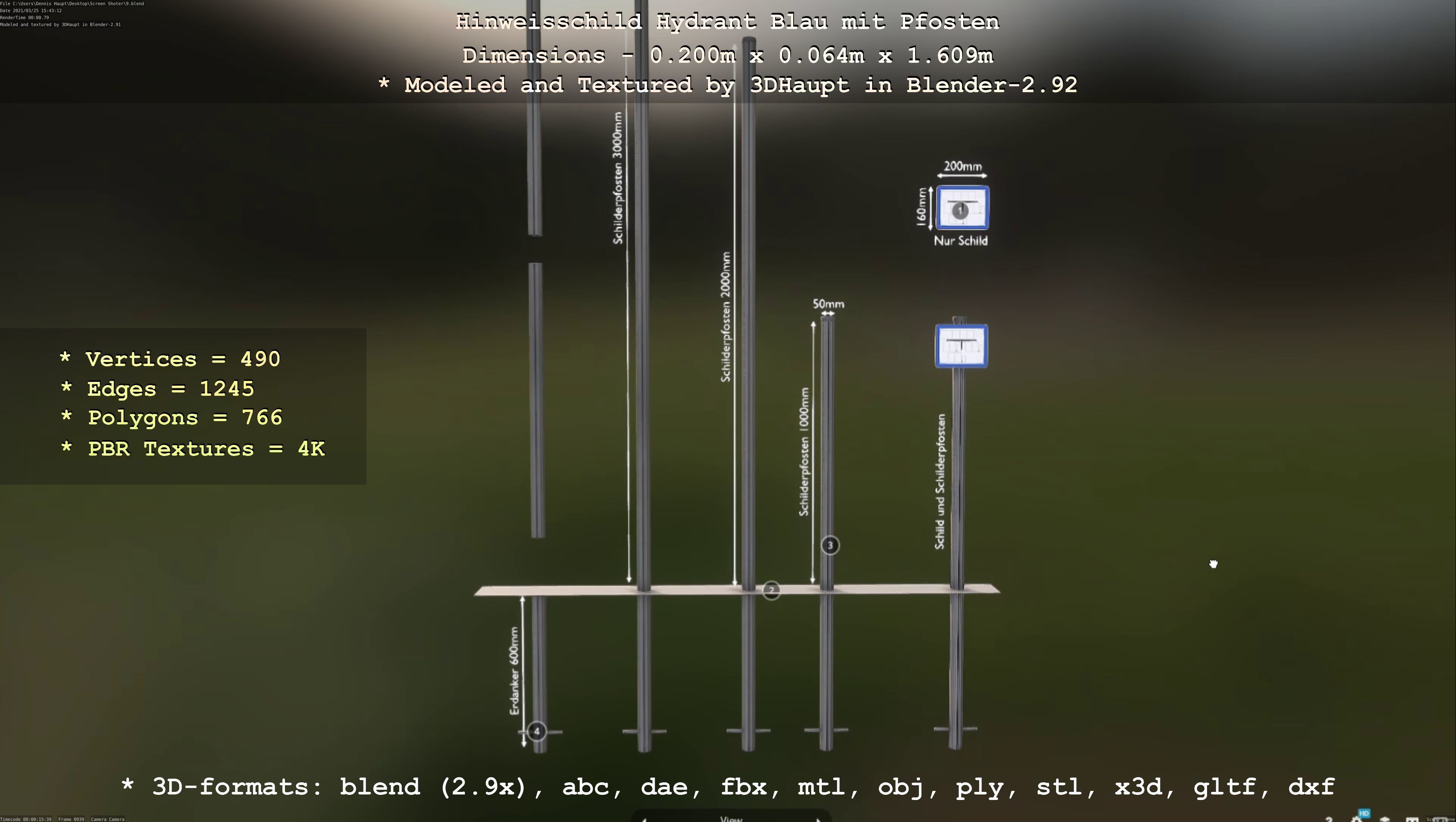 Hinweisschild Hydrant blau mit Pfosten und Rahmen Low-poly 3D model_33