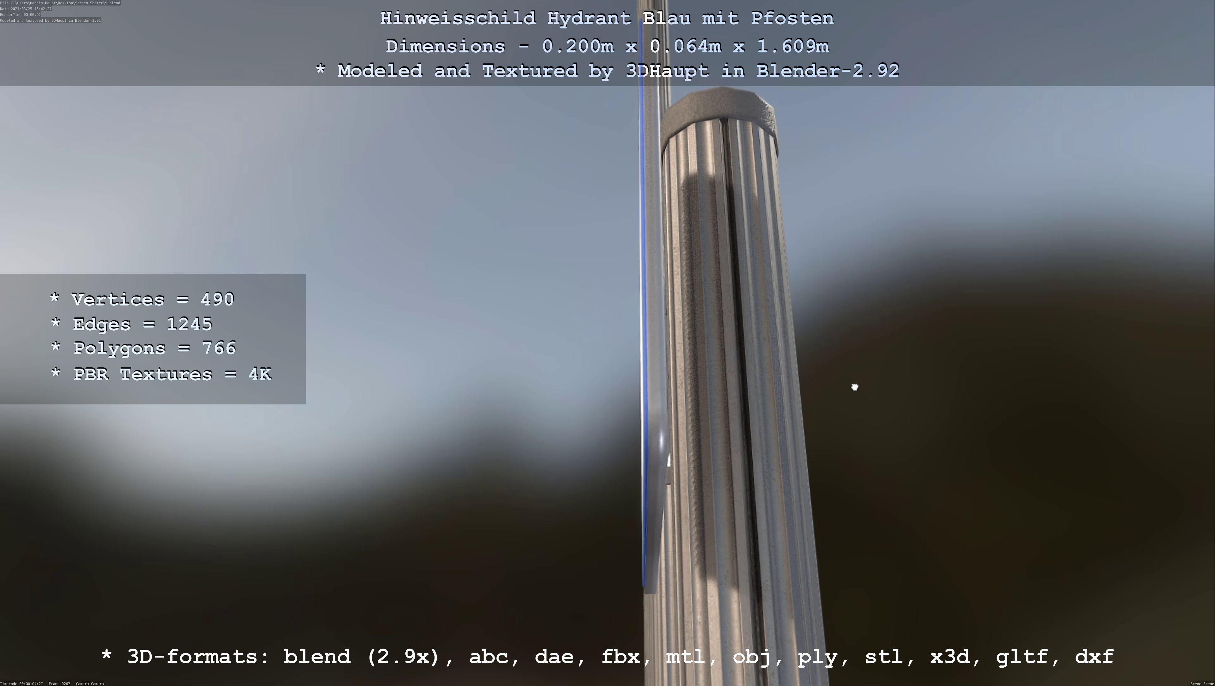 Hinweisschild Hydrant blau mit Pfosten und Rahmen Low-poly 3D model_66