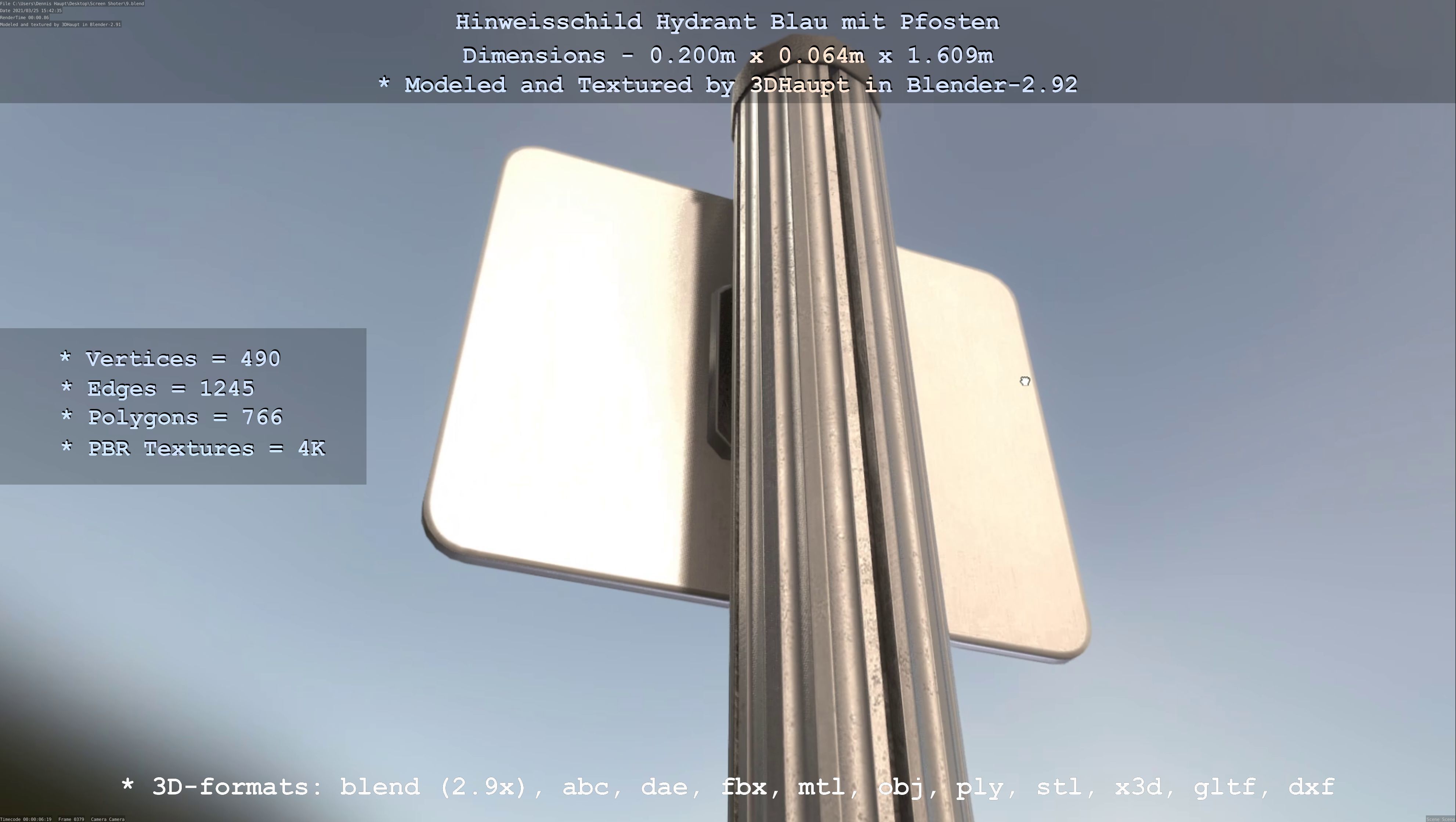 Hinweisschild Hydrant blau mit Pfosten und Rahmen Low-poly 3D model_74