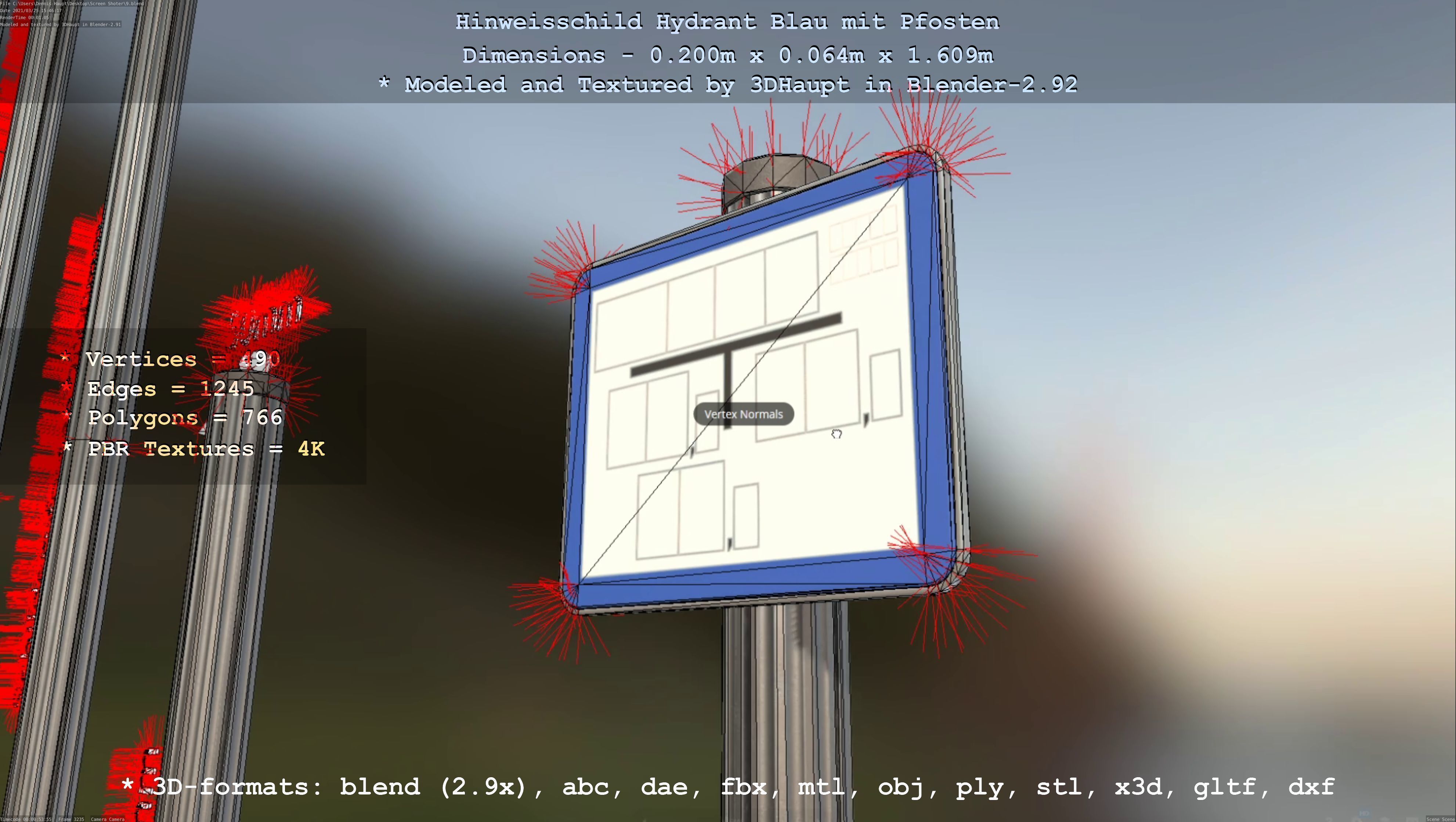 Hinweisschild Hydrant blau mit Pfosten und Rahmen Low-poly 3D model_119