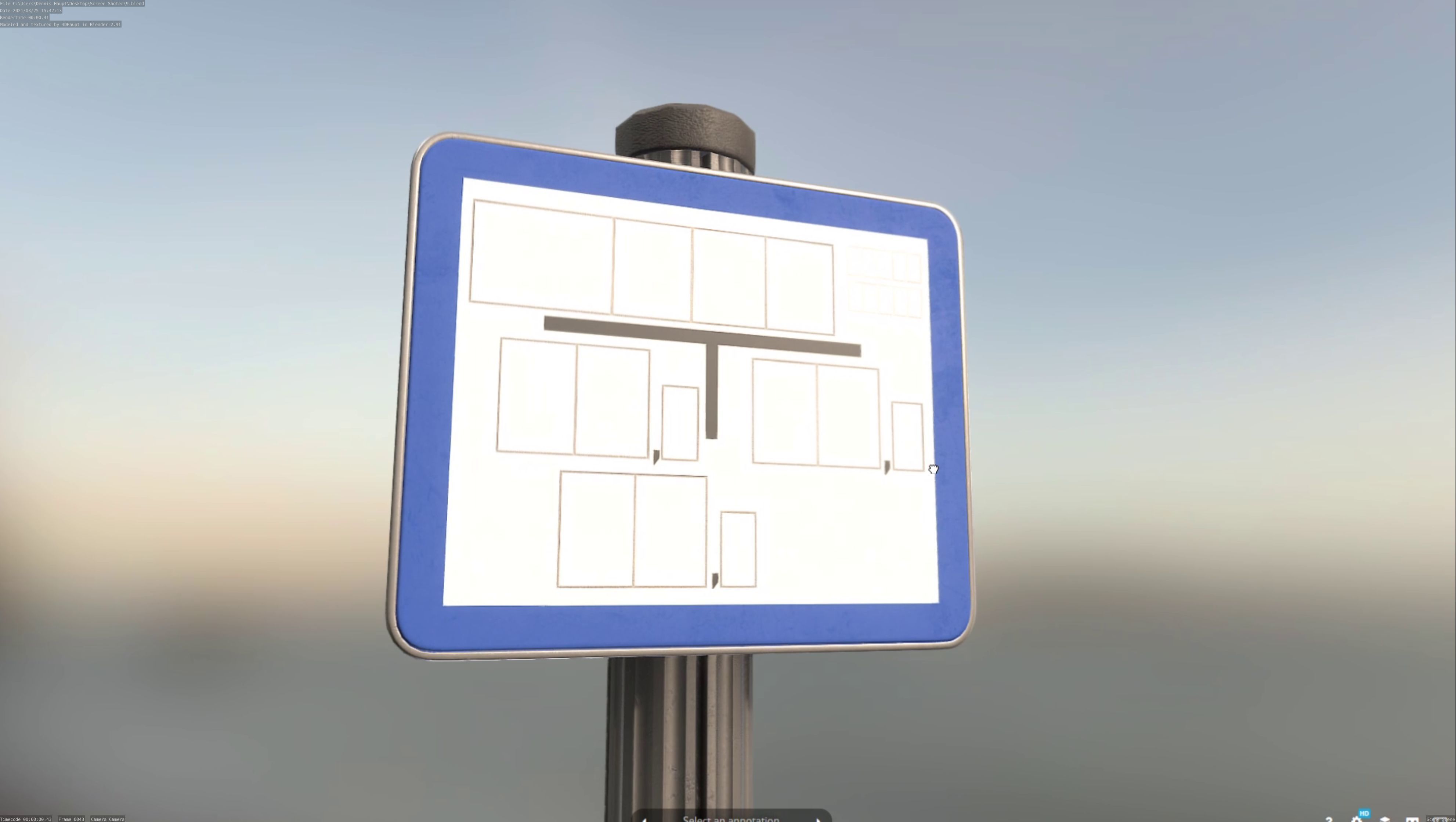 Hinweisschild Hydrant blau mit Pfosten und Rahmen Low-poly 3D model_21