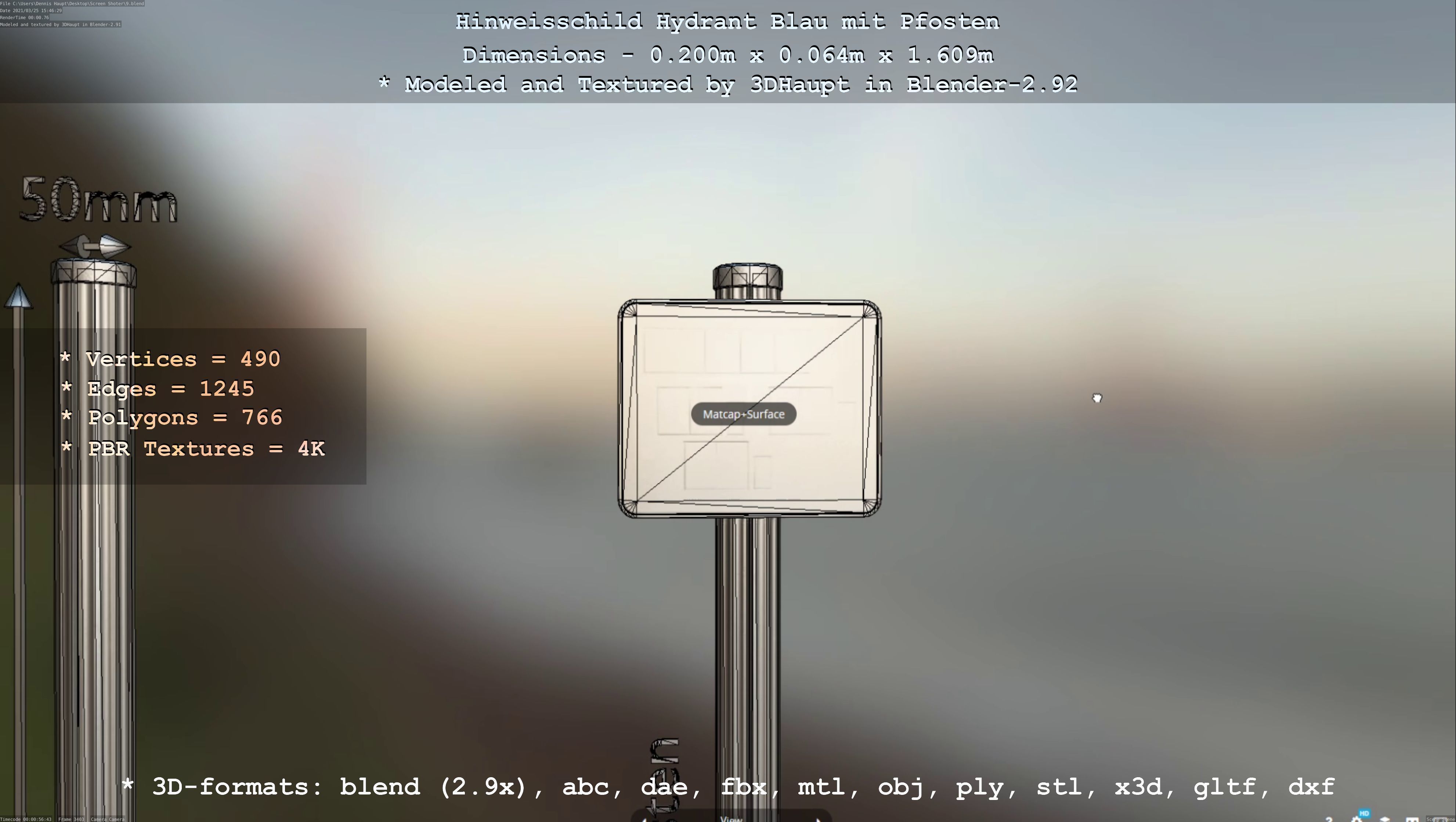 Hinweisschild Hydrant blau mit Pfosten und Rahmen Low-poly 3D model_10