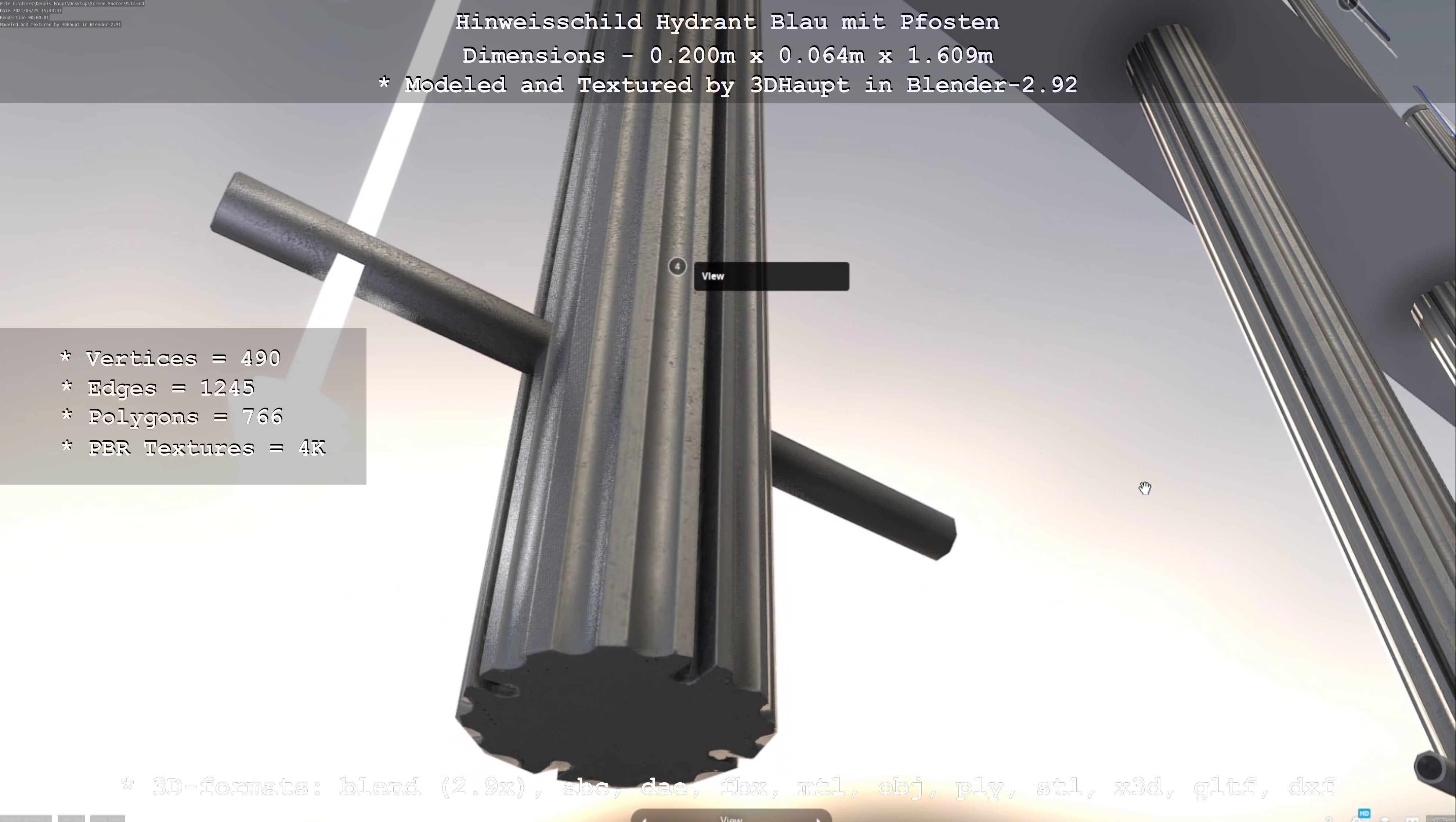 Hinweisschild Hydrant blau mit Pfosten und Rahmen Low-poly 3D model_95