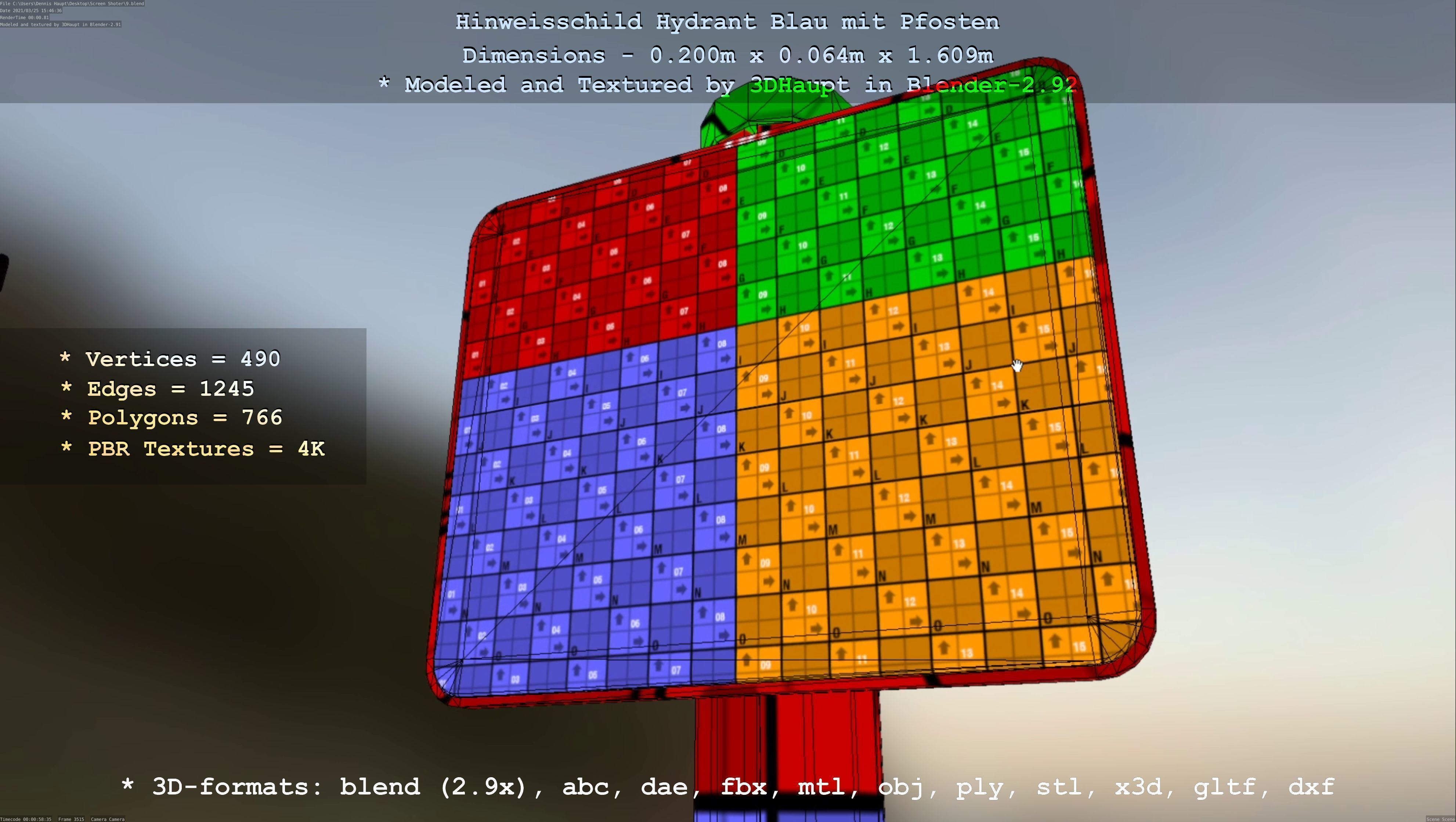 Hinweisschild Hydrant blau mit Pfosten und Rahmen Low-poly 3D model_11