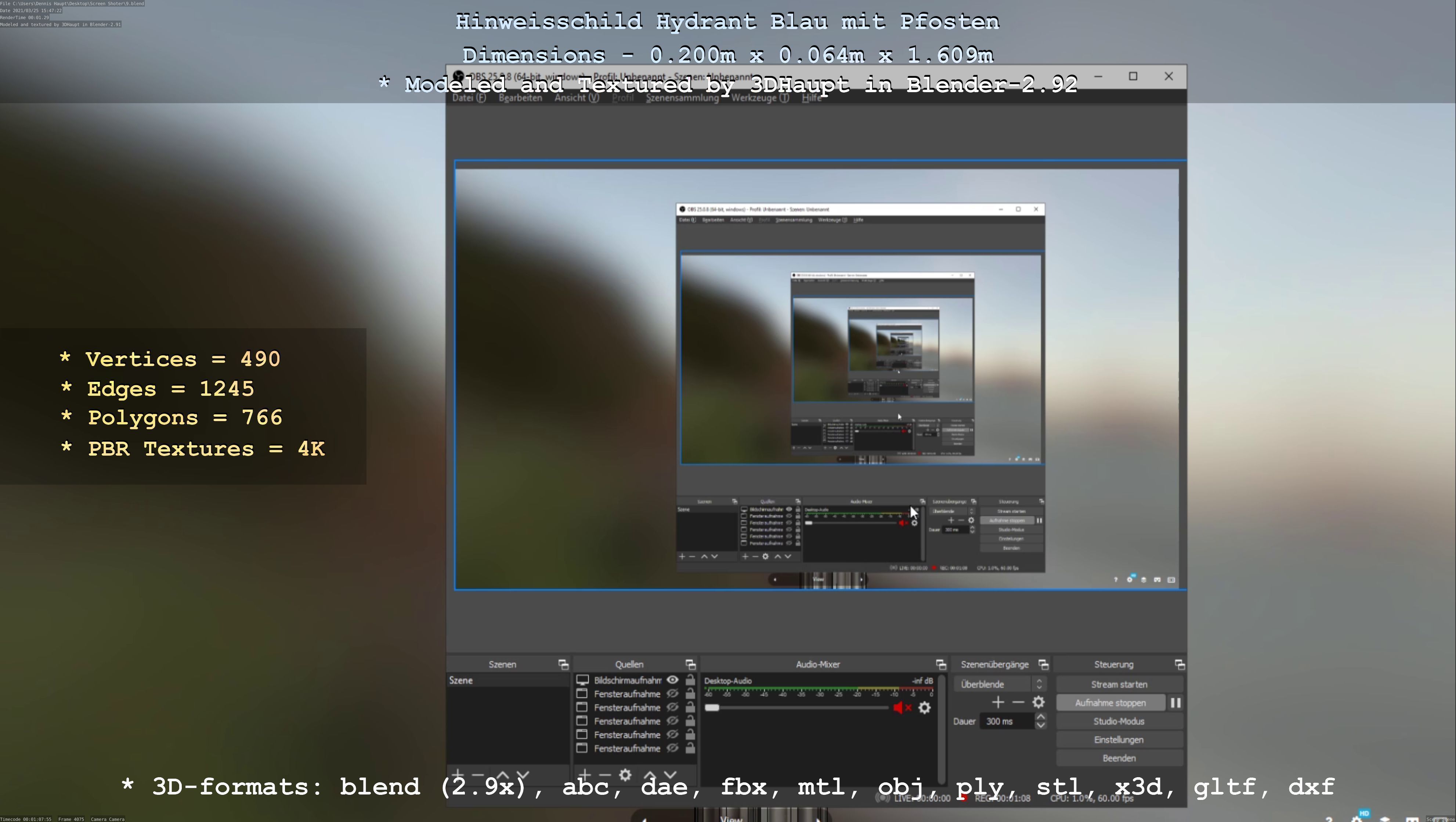 Hinweisschild Hydrant blau mit Pfosten und Rahmen Low-poly 3D model_124