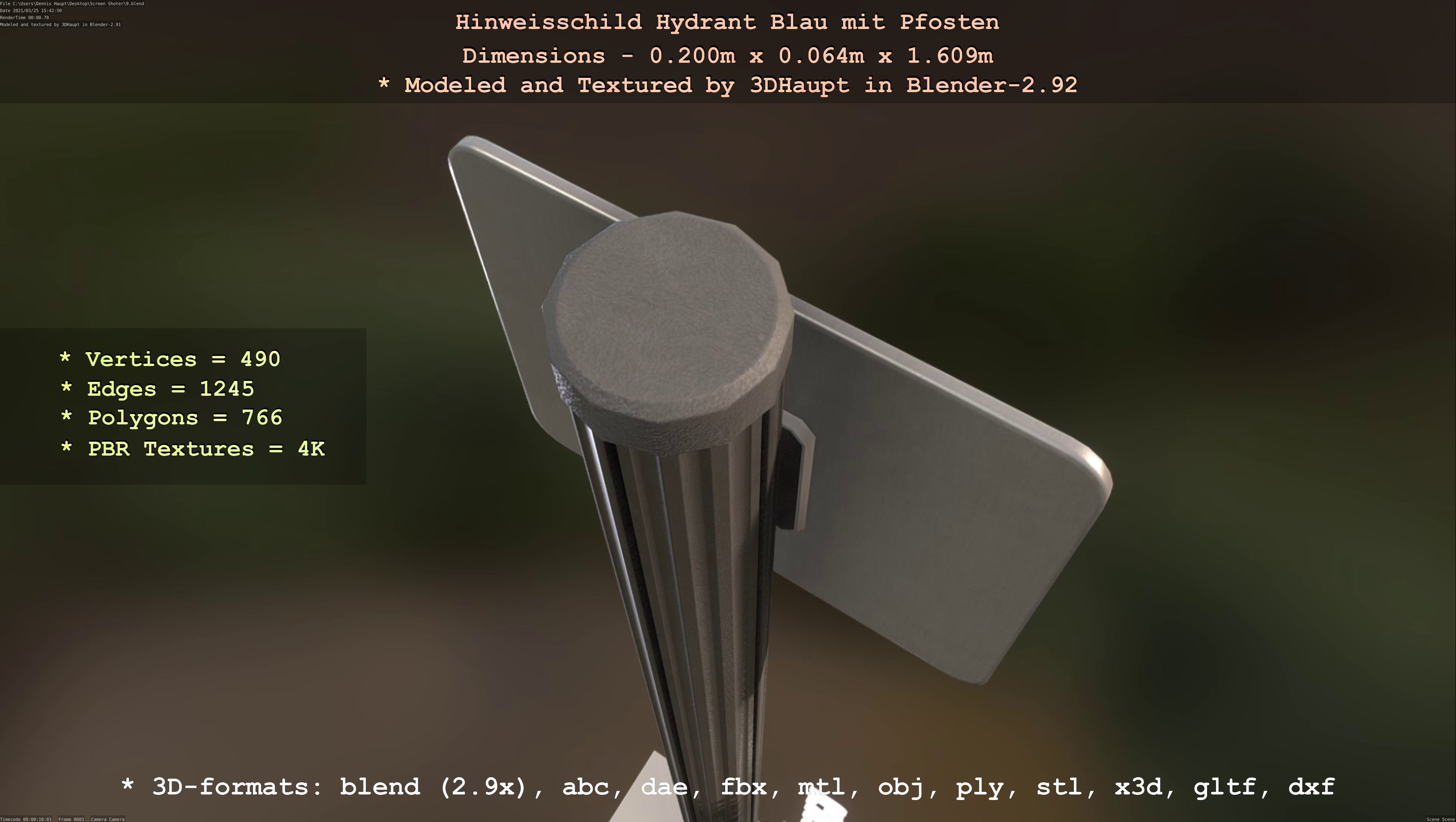 Hinweisschild Hydrant blau mit Pfosten und Rahmen Low-poly 3D model_30