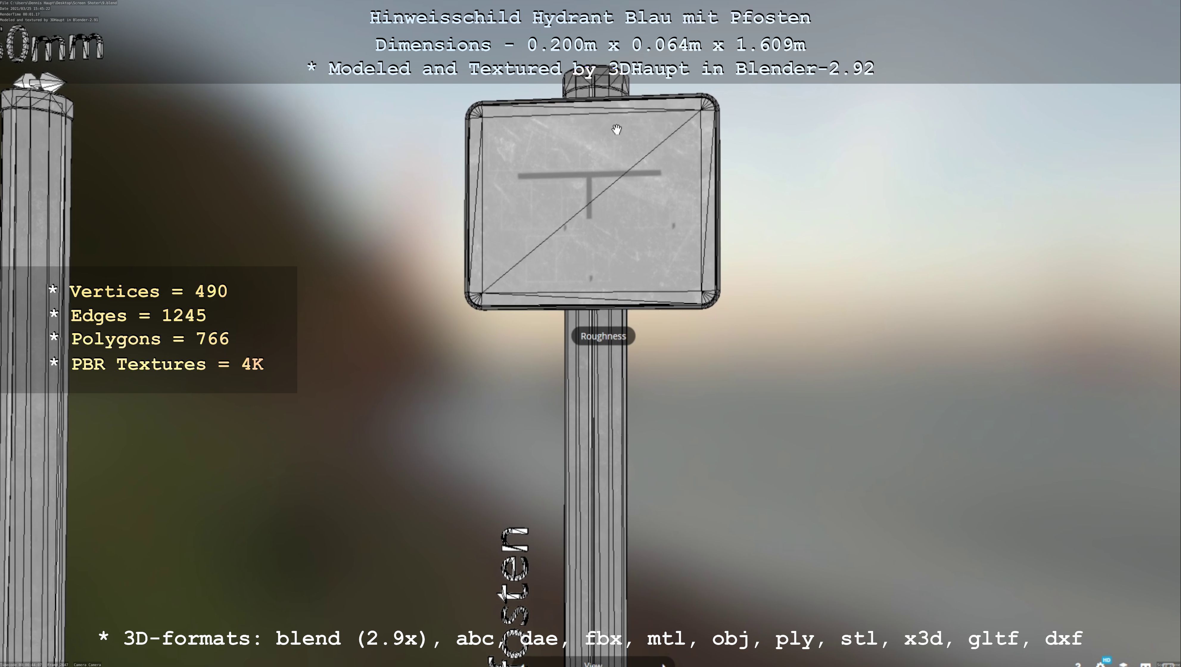 Hinweisschild Hydrant blau mit Pfosten und Rahmen Low-poly 3D model_45