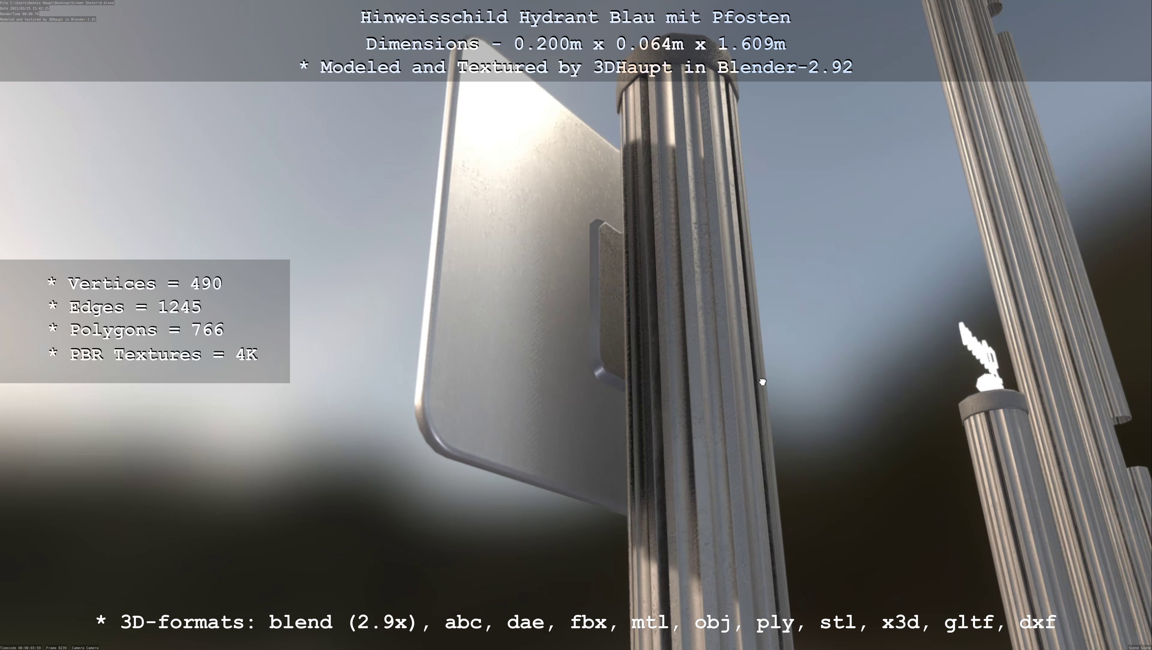 Hinweisschild Hydrant blau mit Pfosten und Rahmen Low-poly 3D model_116