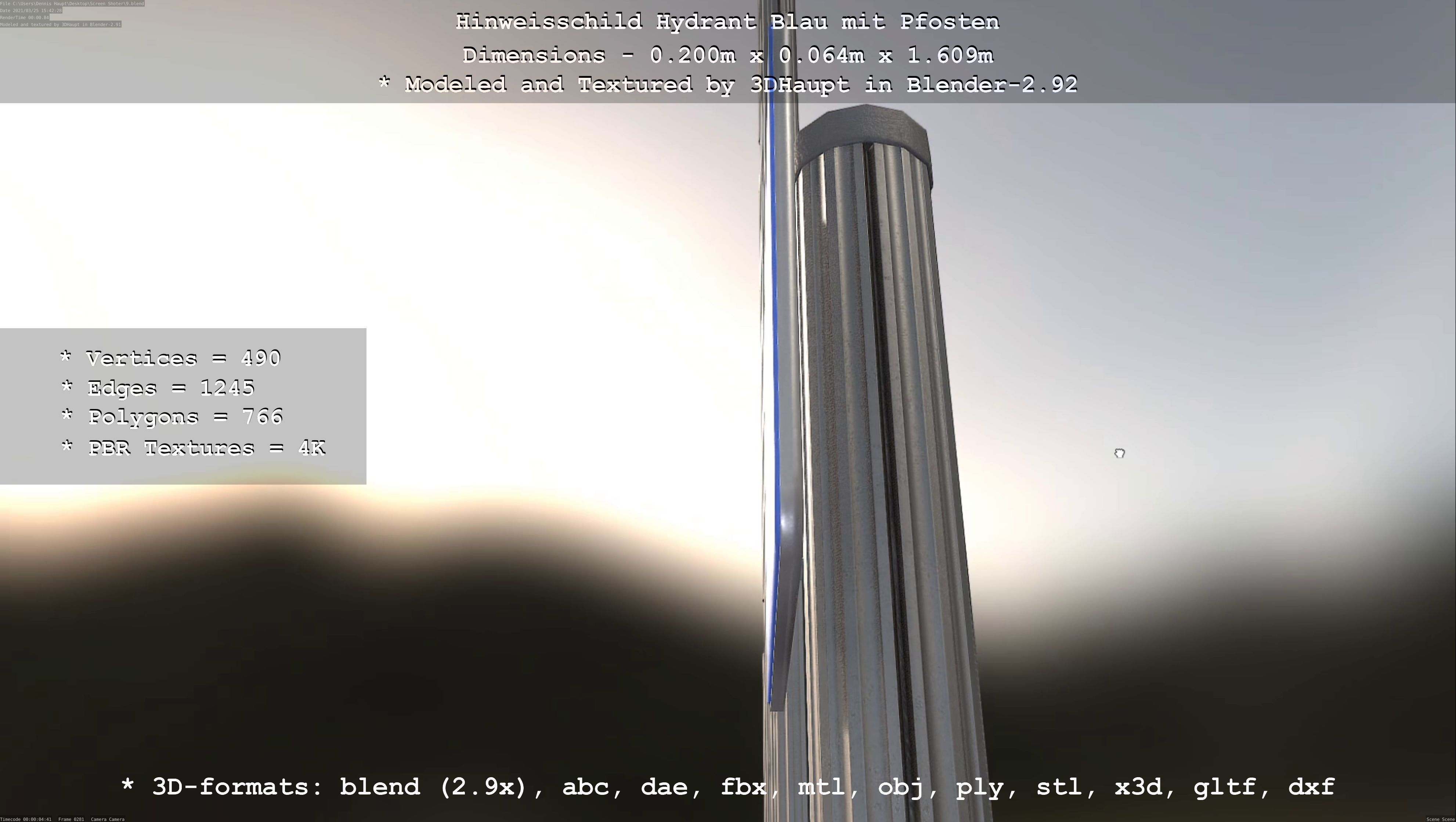 Hinweisschild Hydrant blau mit Pfosten und Rahmen Low-poly 3D model_97