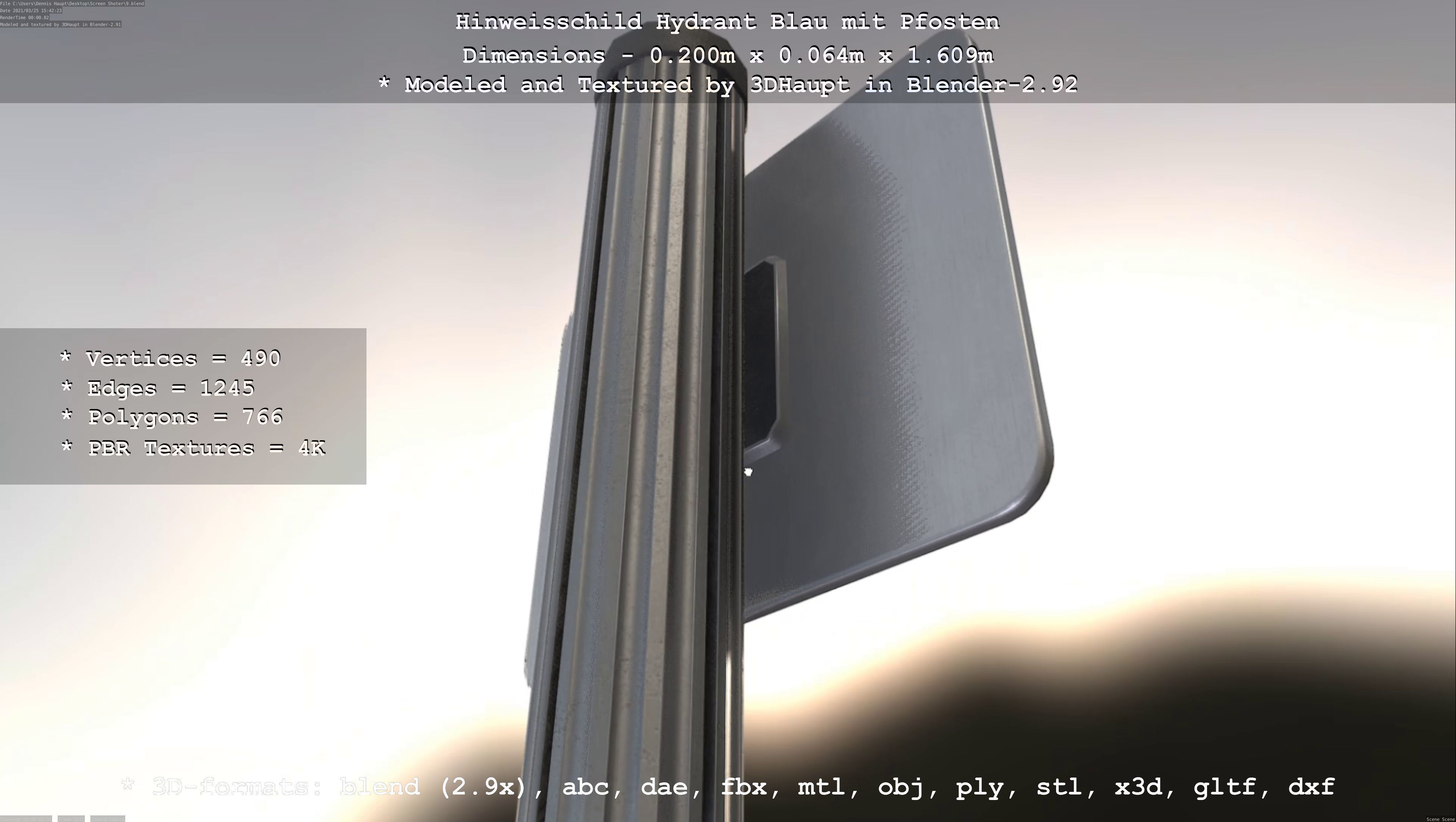 Hinweisschild Hydrant blau mit Pfosten und Rahmen Low-poly 3D model_26