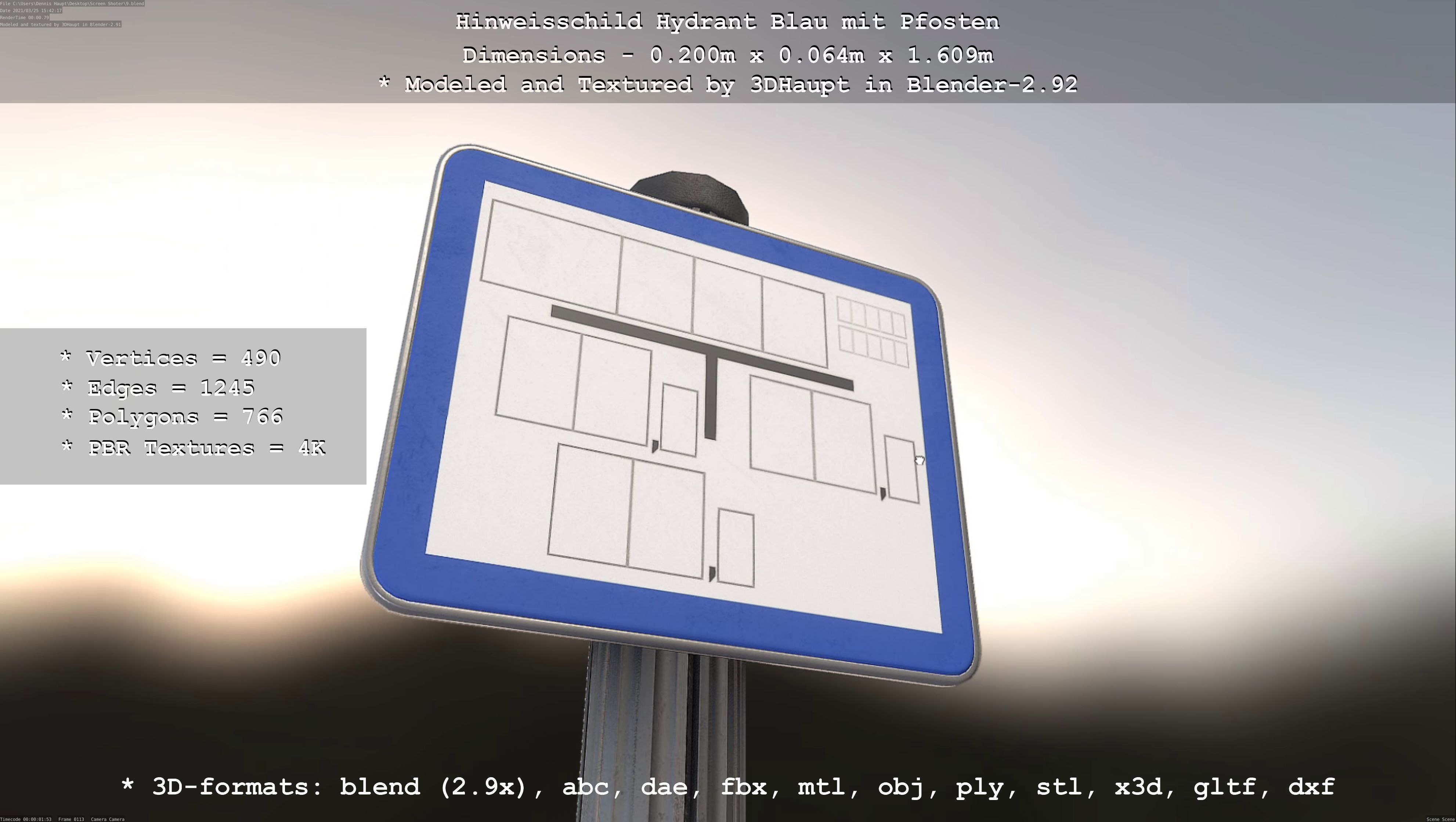 Hinweisschild Hydrant blau mit Pfosten und Rahmen Low-poly 3D model_120