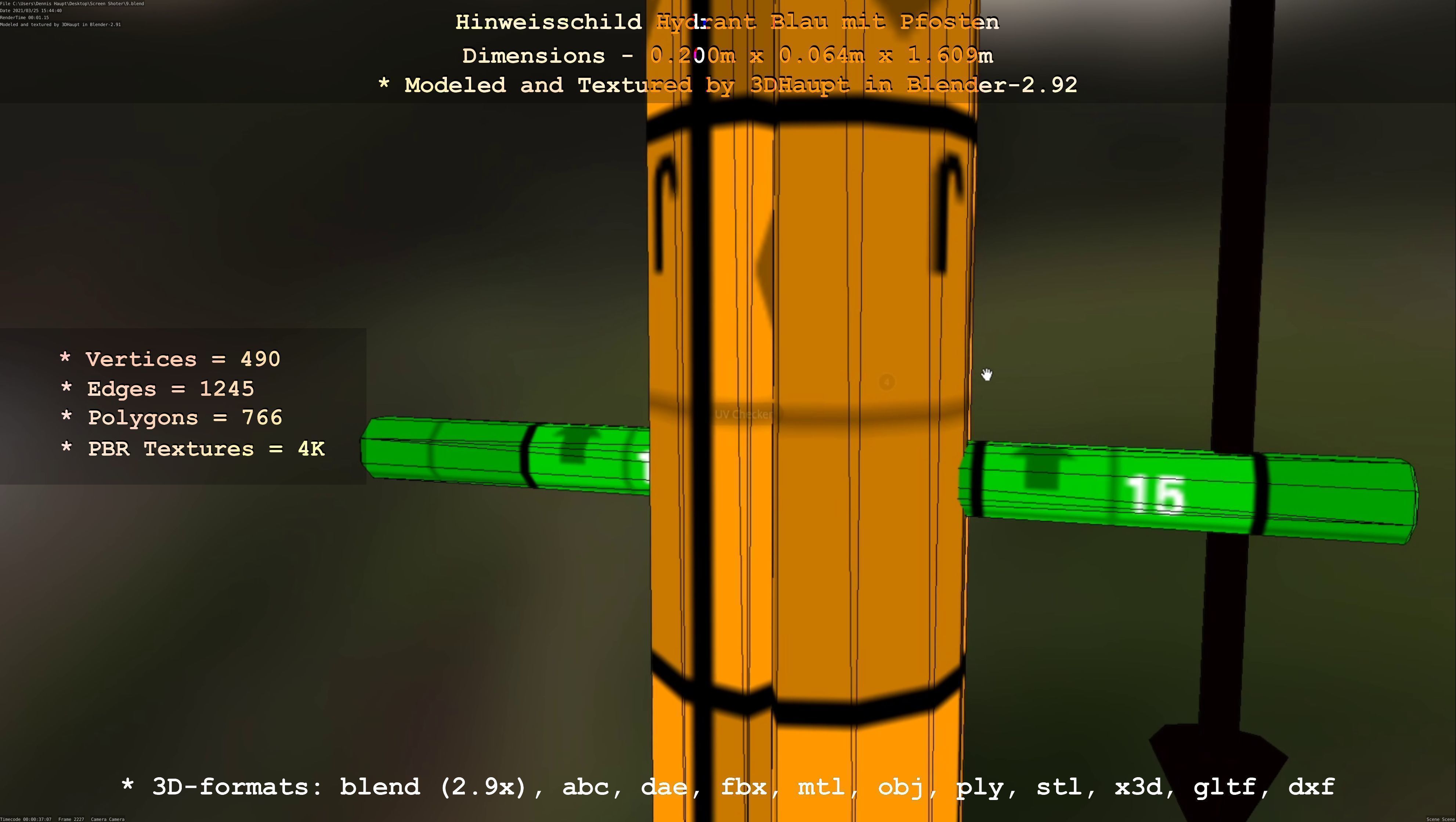 Hinweisschild Hydrant blau mit Pfosten und Rahmen Low-poly 3D model_24