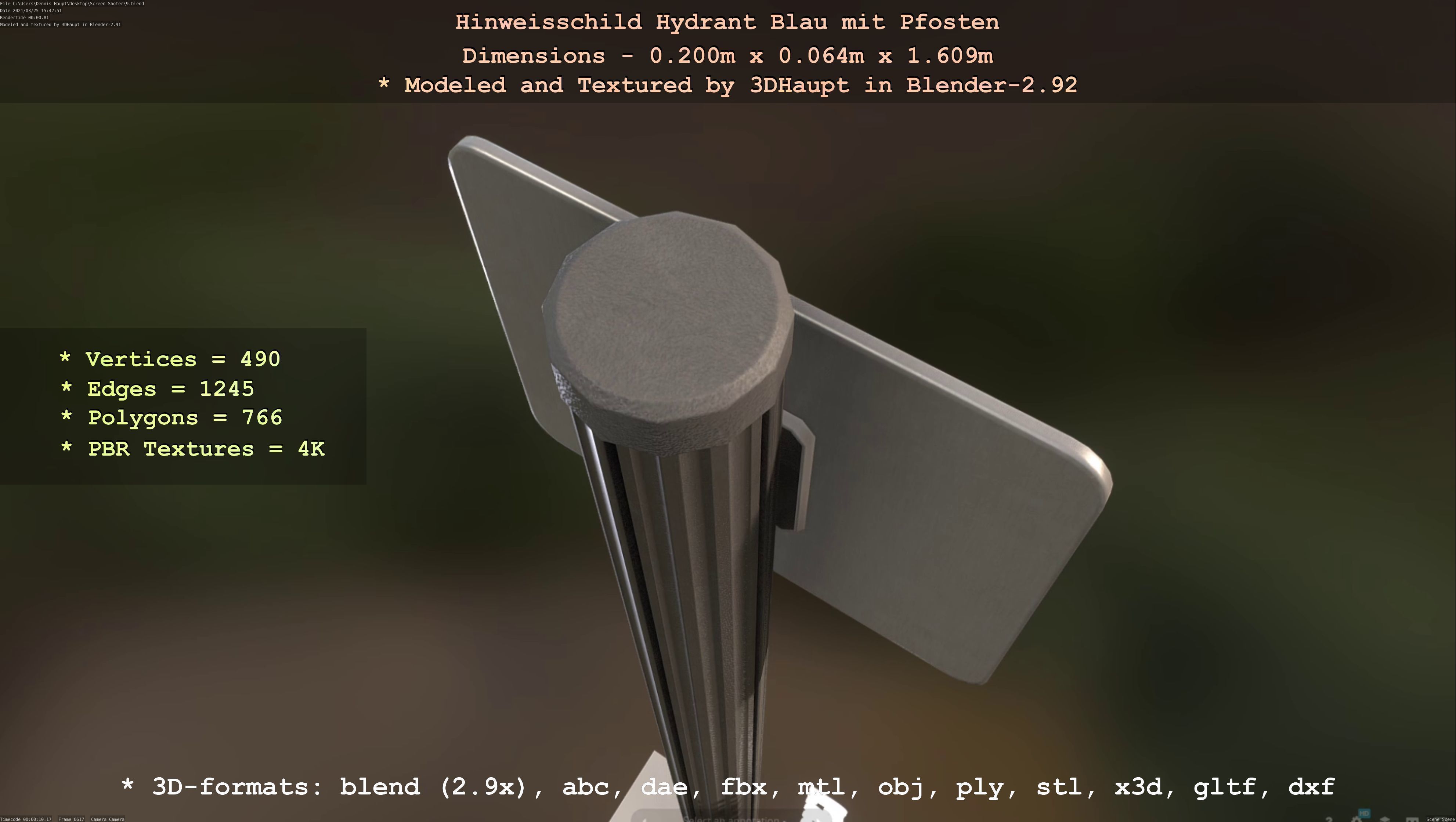 Hinweisschild Hydrant blau mit Pfosten und Rahmen Low-poly 3D model_104