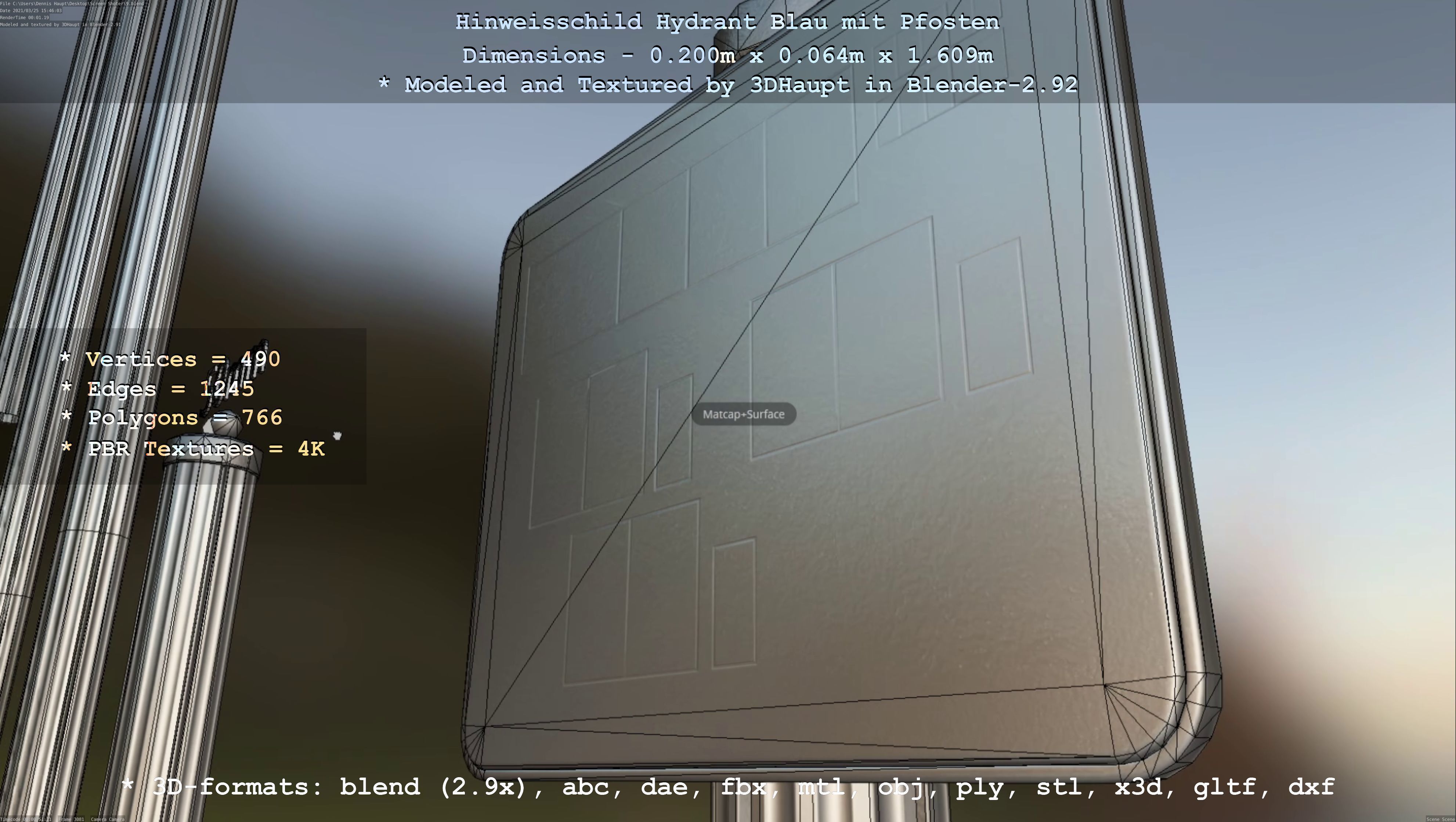 Hinweisschild Hydrant blau mit Pfosten und Rahmen Low-poly 3D model_54