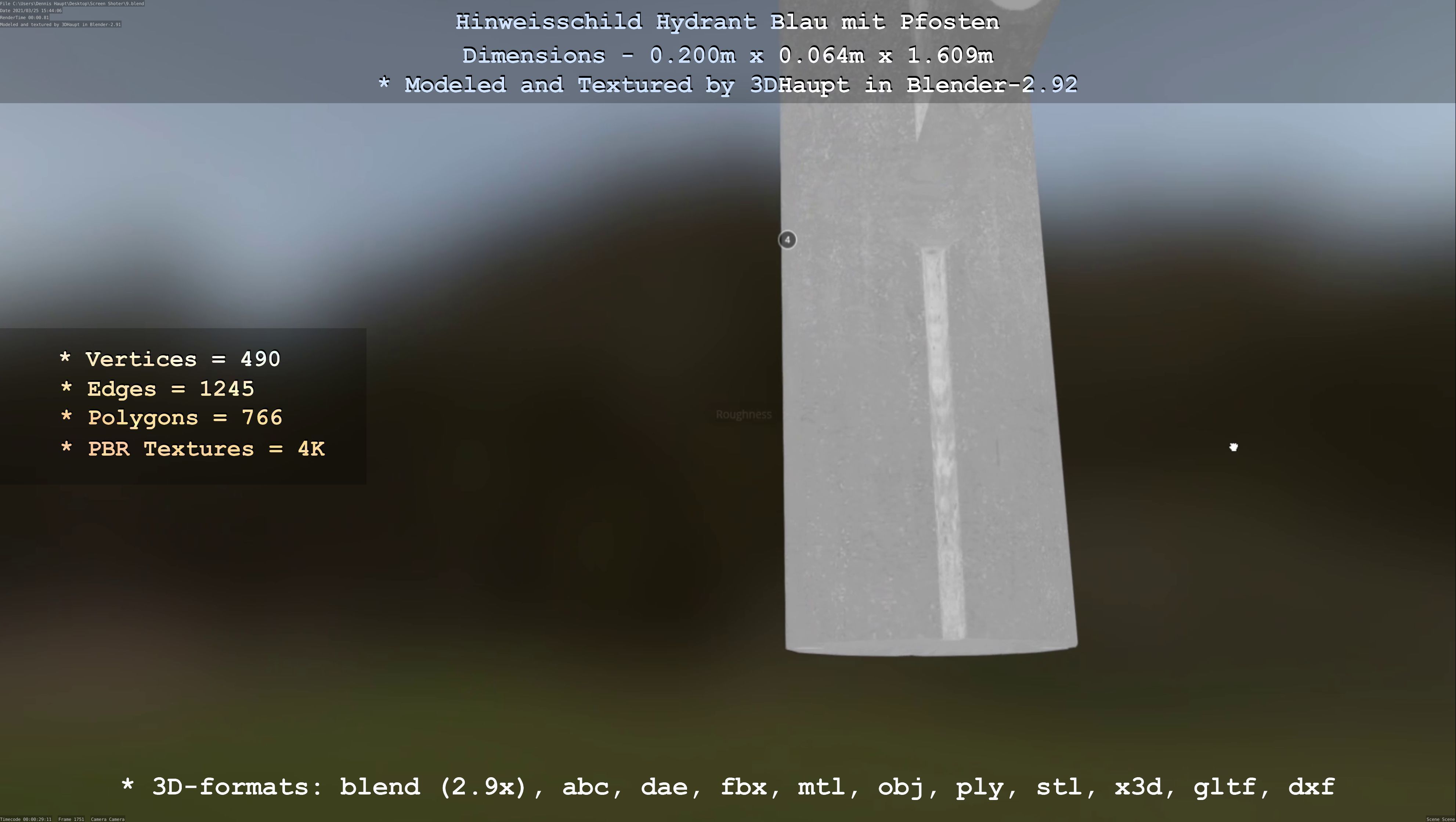 Hinweisschild Hydrant blau mit Pfosten und Rahmen Low-poly 3D model_40